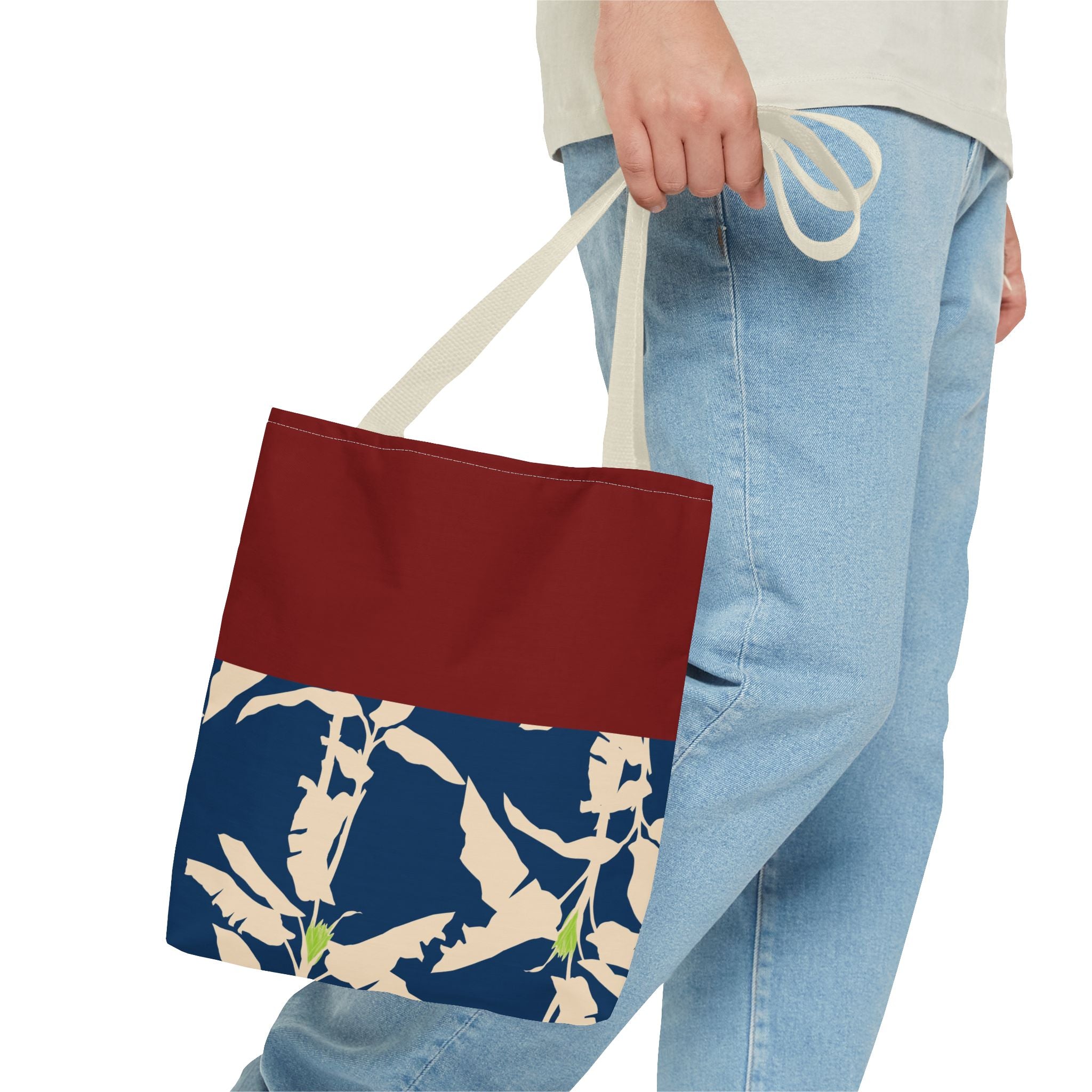 Red Navy Botanical Leaf Pattern Tote Bag