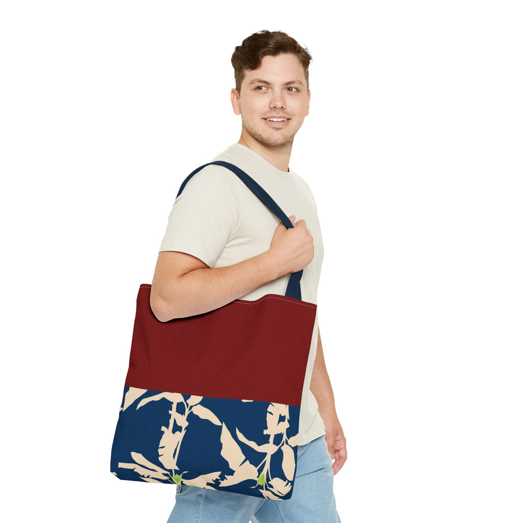 Red Navy Botanical Leaf Pattern Tote Bag