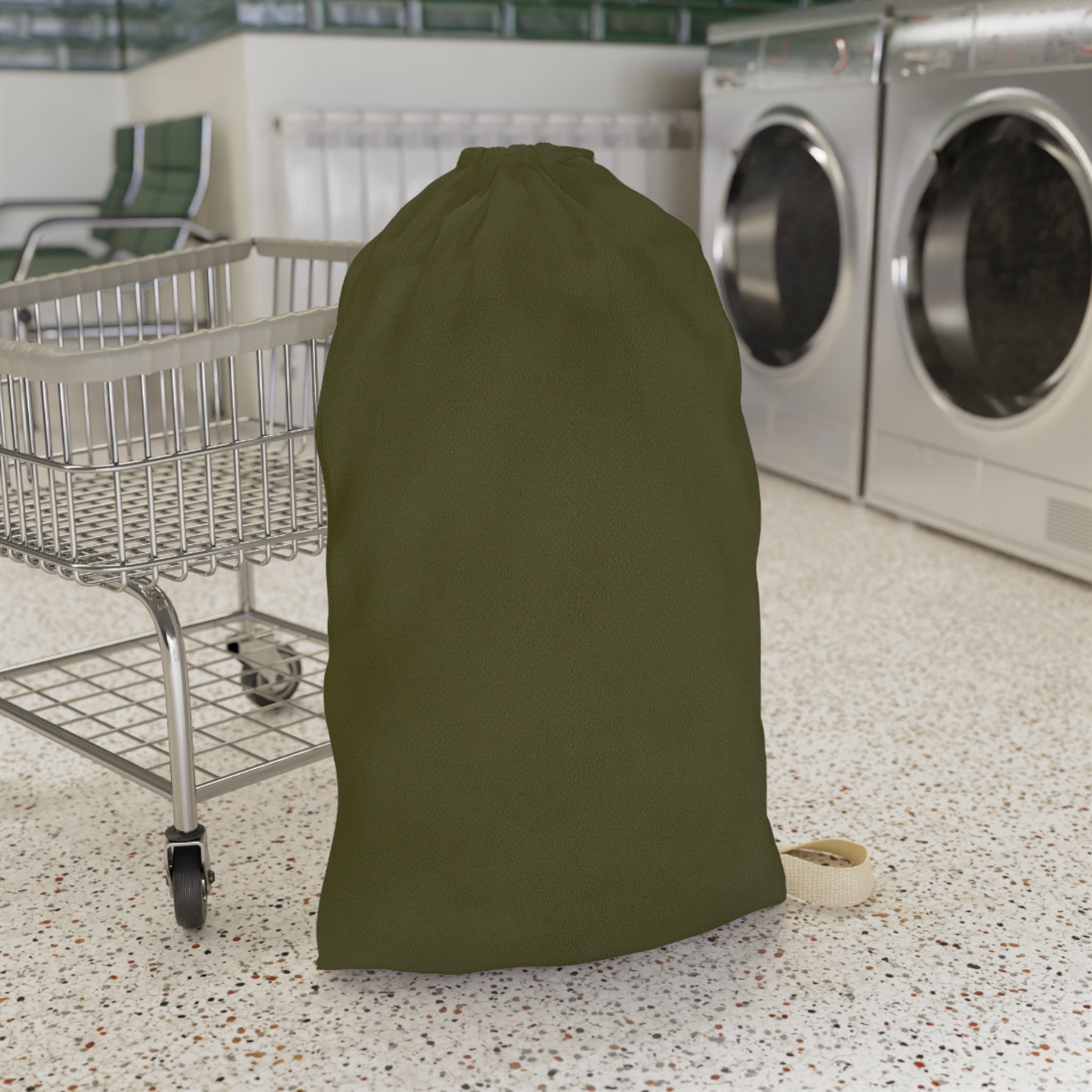 Olive Drawstring Laundry Bag — Compact Cotton Travel Hamper with Shoulder Strap