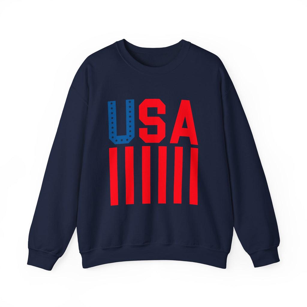 A black crewneck sweatshirt featuring a bold graphic print on the front with the letters 'USA' in red and blue, above five vertical red bars, displayed on a clean white background.