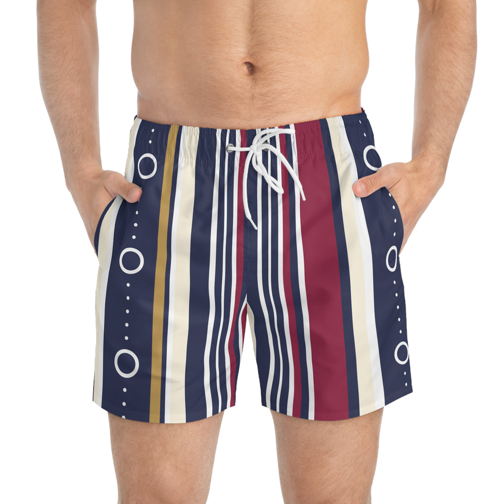 Striped Retro Swim Trunks – Navy, Crimson & Gold All-Over Print