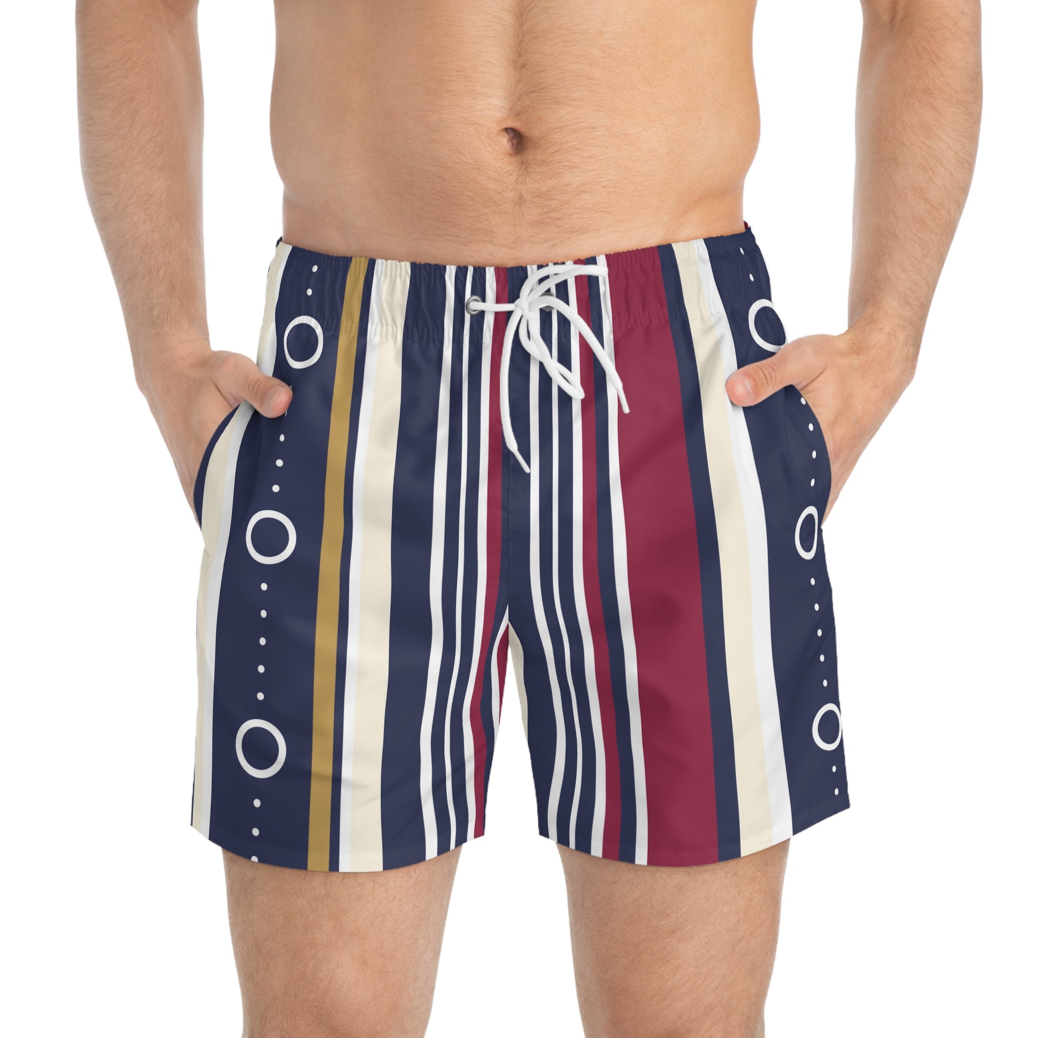 Striped Retro Swim Trunks – Navy, Crimson & Gold All-Over Print