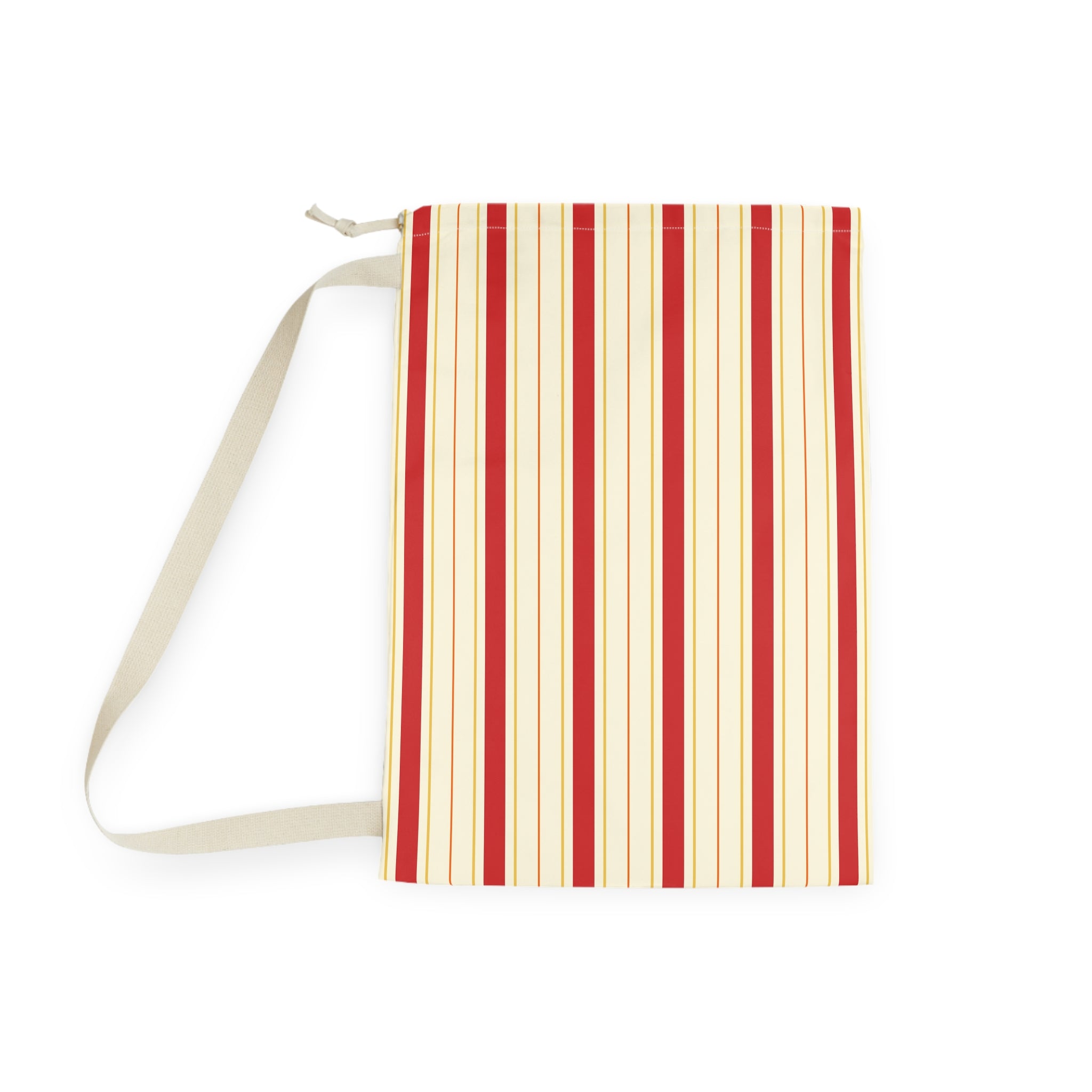 A rectangular canvas tote bag with a vertical stripe pattern in red, cream, and beige, featuring a cream-colored shoulder strap and a zippered top closure, shown on a plain white background.