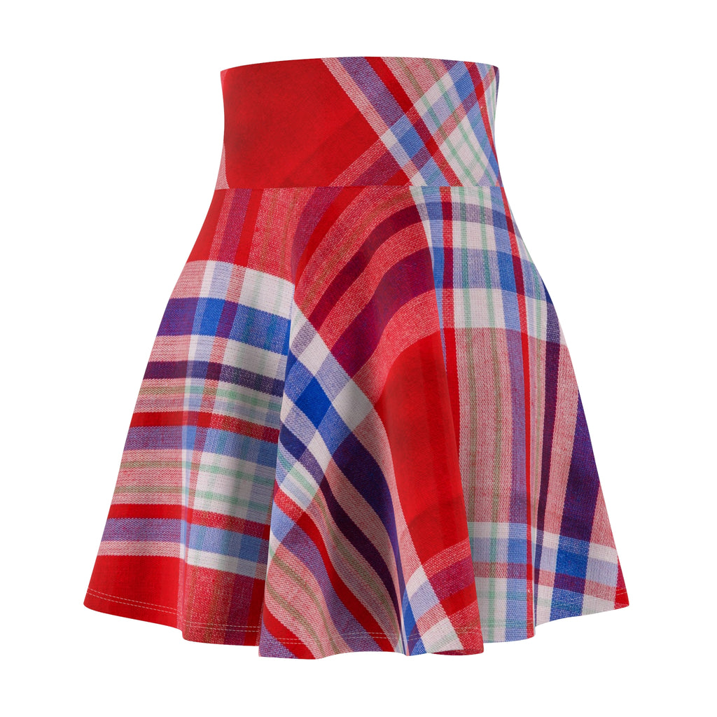 Red & Blue Plaid Skater Skirt — Vintage Tartan A-Line Mini for Casual & Holiday Wear