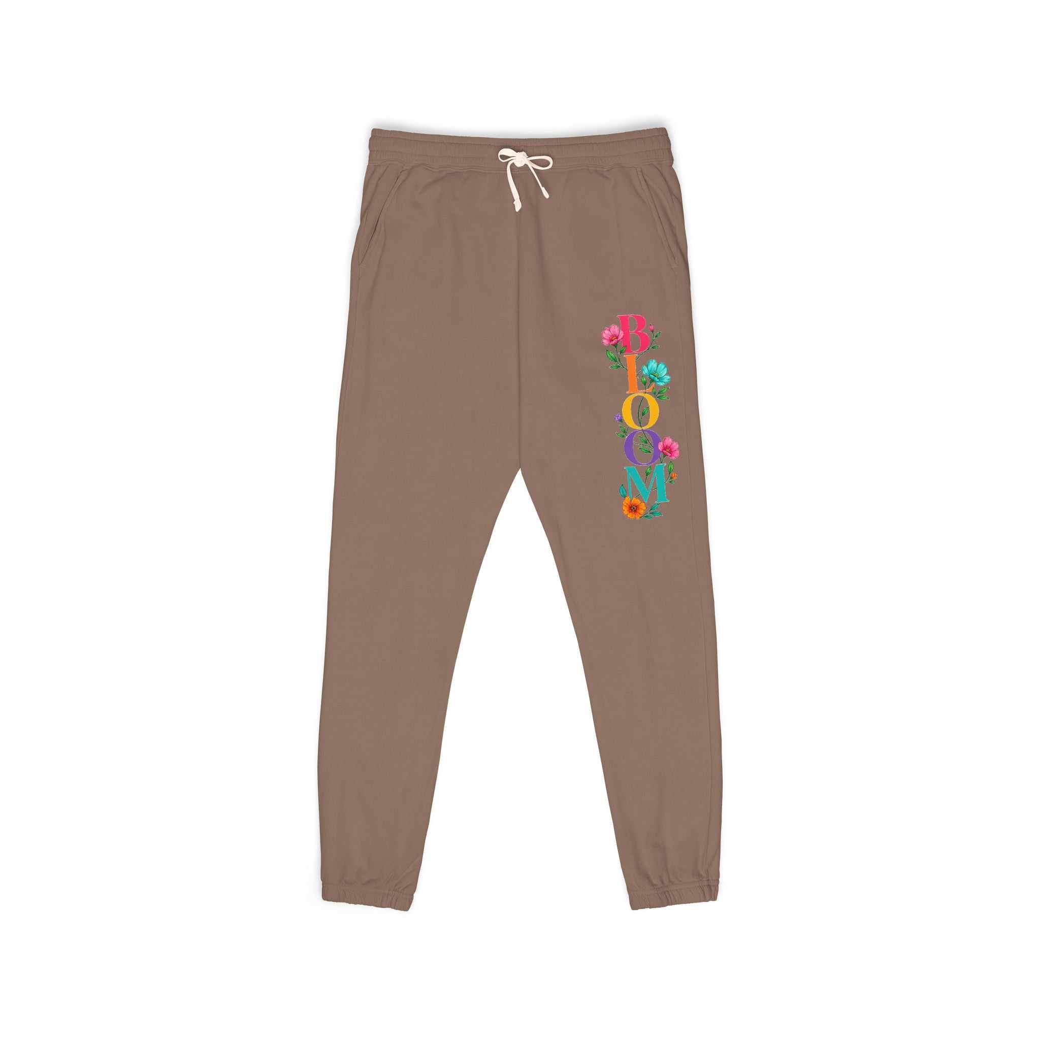 Brown sweatpants with colorful 'LOVE' design on a white background