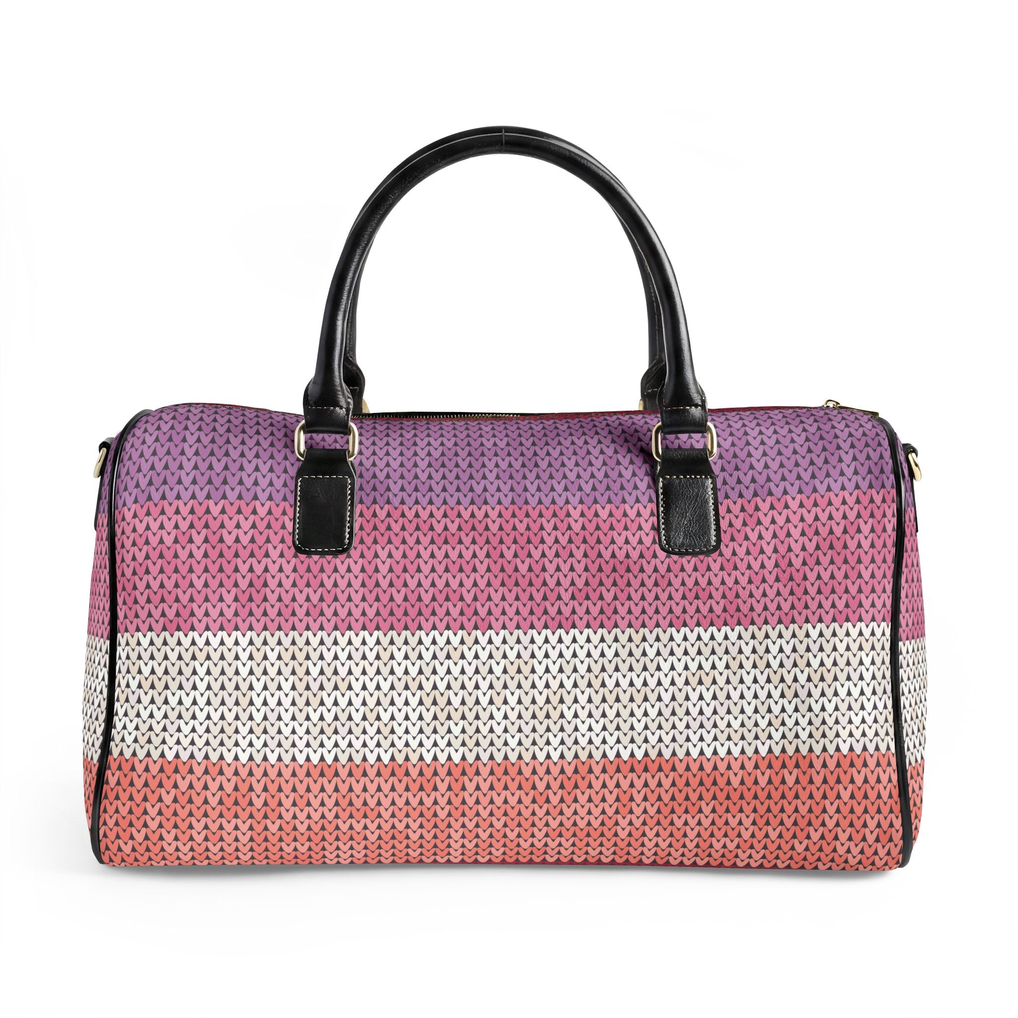 A woven duffle bag with horizontal stripes in purple, pink, white, and coral, featuring black leather top handles and gold-tone hardware, shown against a plain white background.