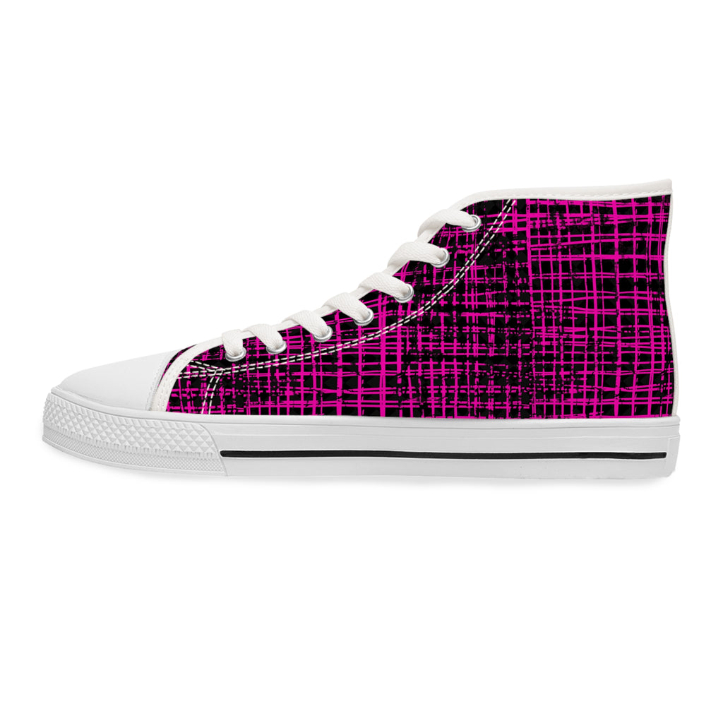 Women's High Top Sneakers — Pink Plaid Grunge Pattern