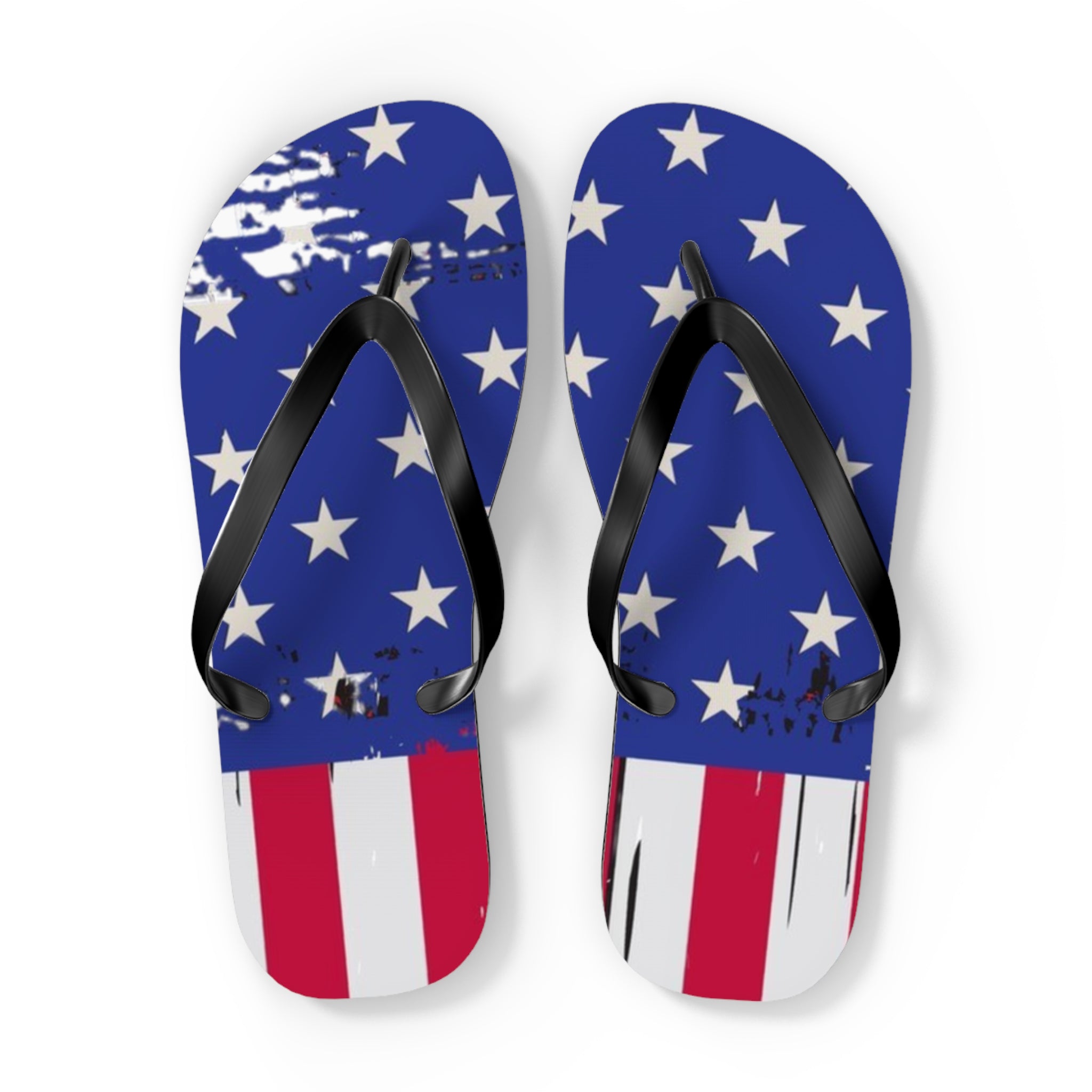 A pair of flip-flop sandals with a distressed American flag design, featuring a blue footbed with white stars on top and red and white stripes on the bottom, with black straps, shown against a plain white background.