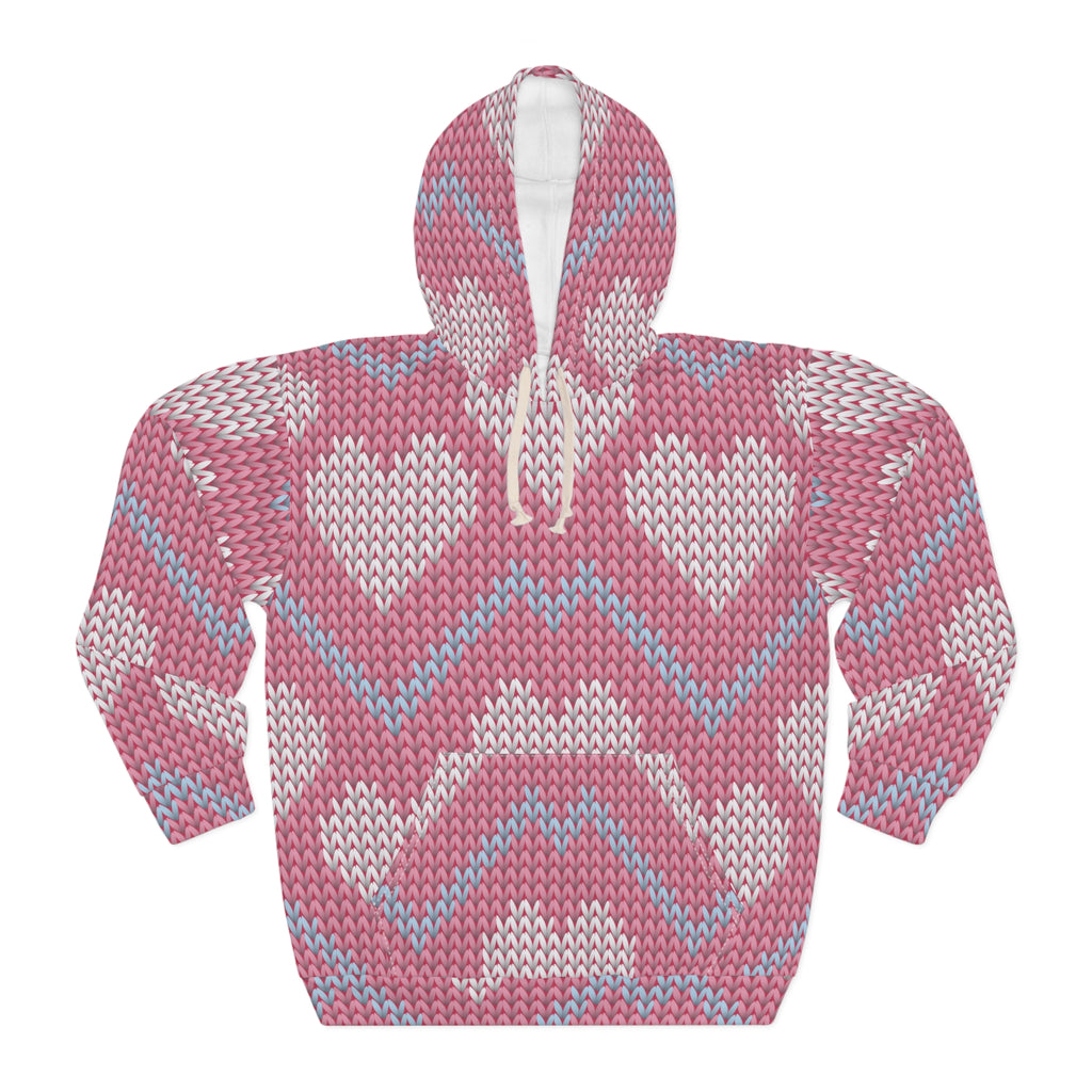 Knit Heart Pattern Hoodie | Pink Chevron Heart Knit Pullover
