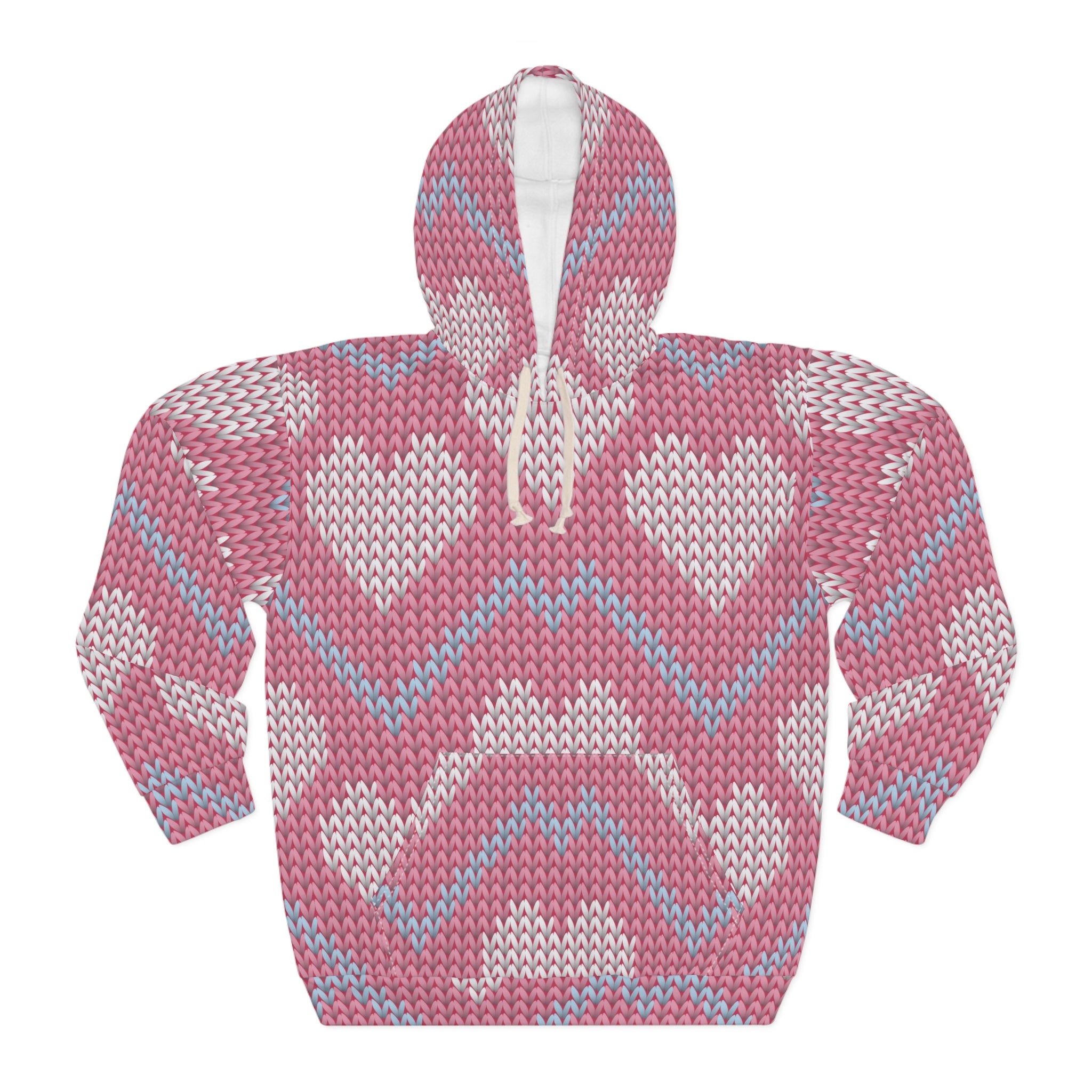 Knit Heart Pattern Hoodie | Pink Chevron Heart Knit Pullover