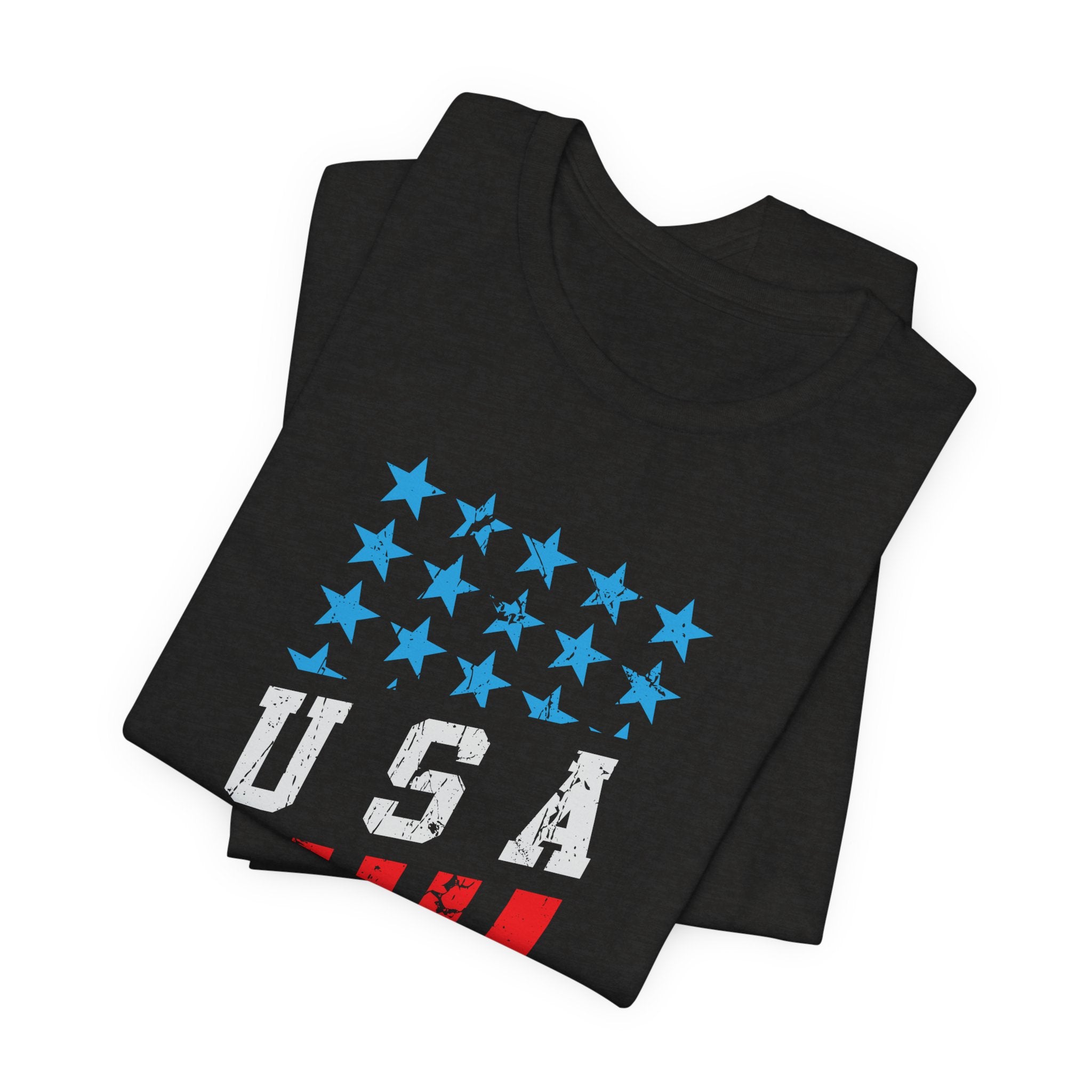 Black t-shirt with blue stars and 'USA' text on a white background