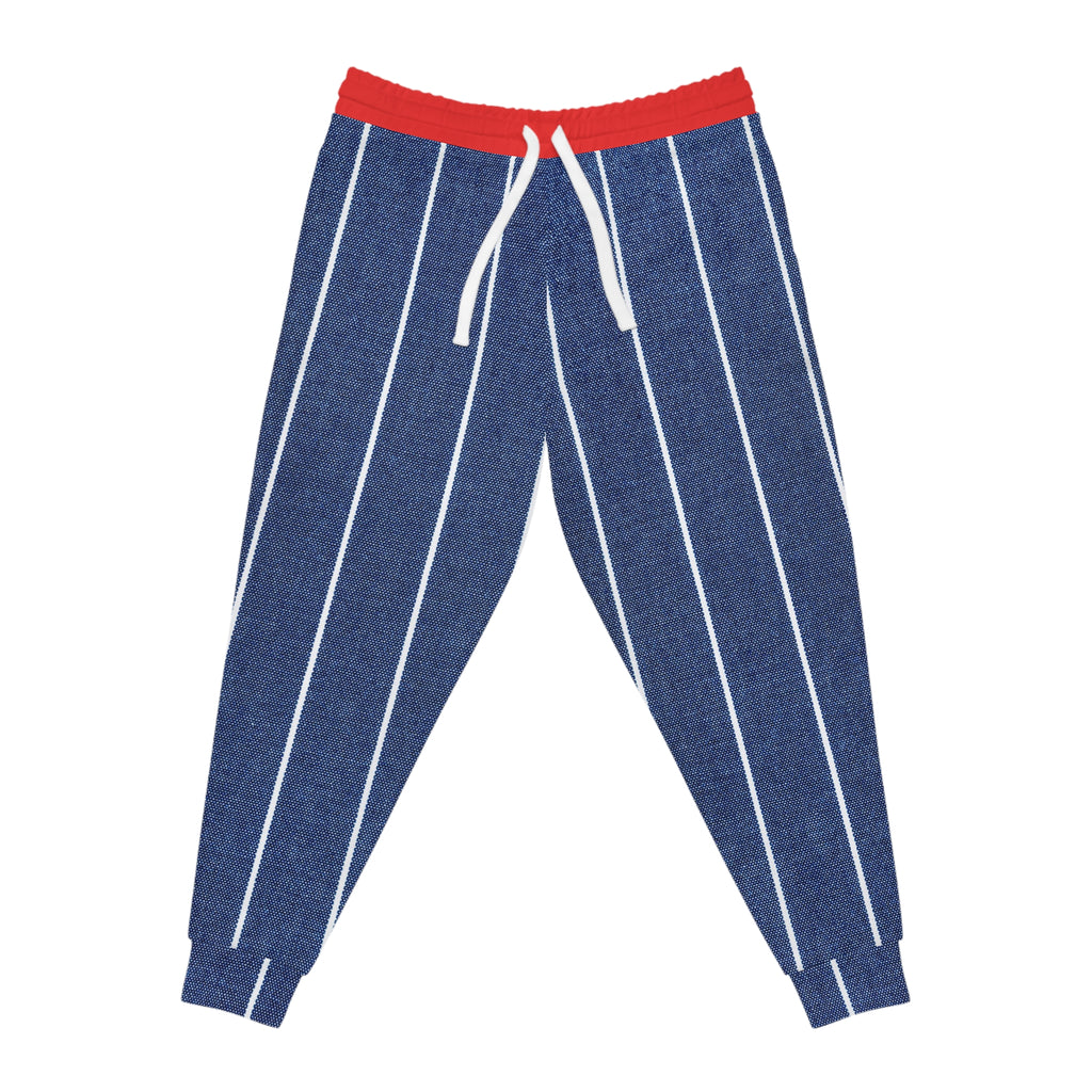 Blue pinstriped jogger pants with a red elastic waistband and white drawstrings, shown flat on a white background.