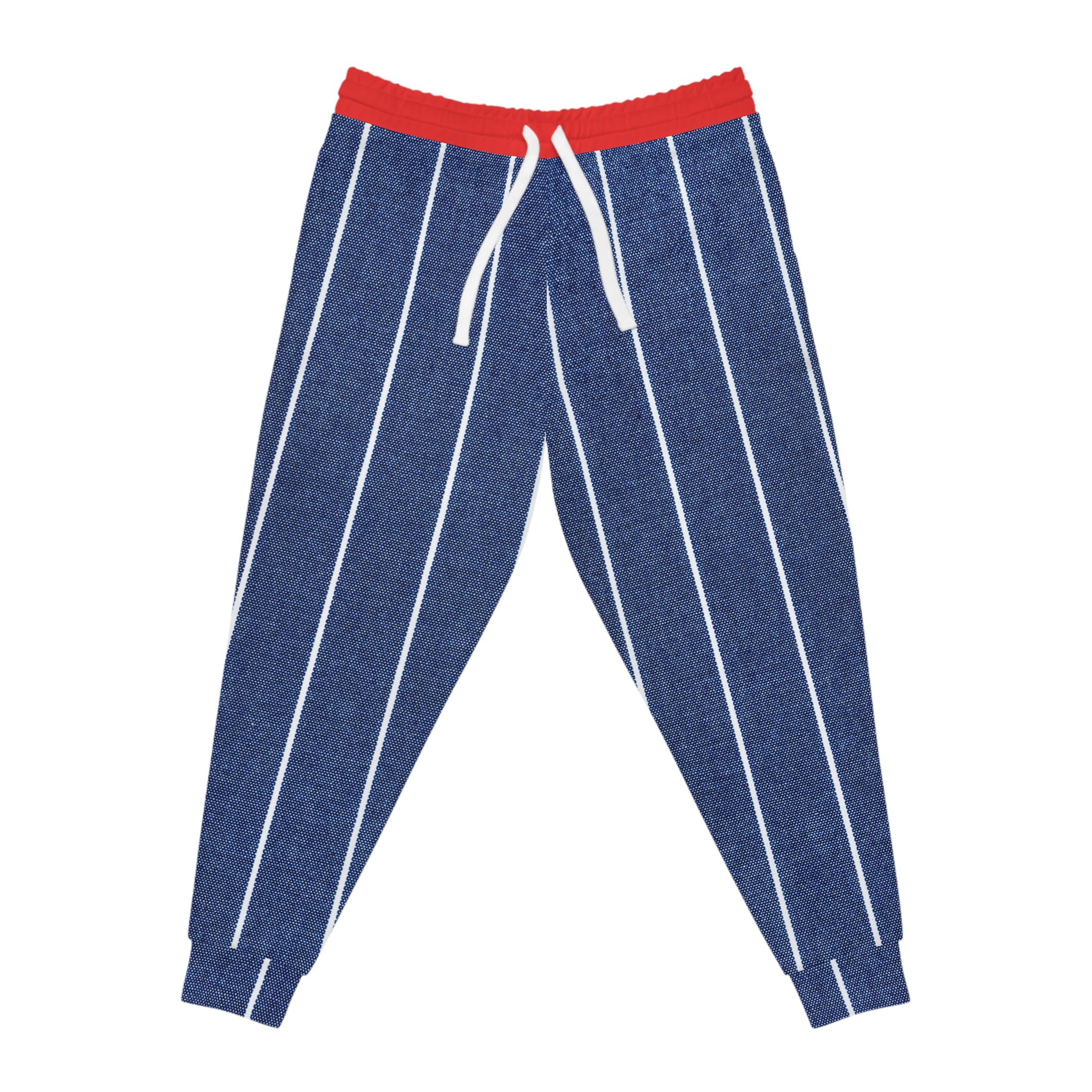 Blue pinstriped jogger pants with a red elastic waistband and white drawstrings, shown flat on a white background.