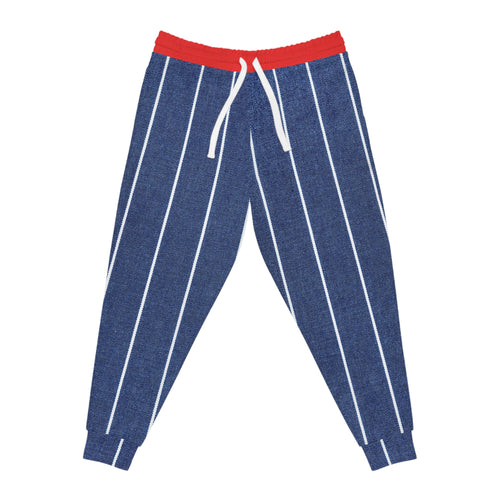 Blue pinstriped jogger pants with a red elastic waistband and white drawstrings, shown flat on a white background.