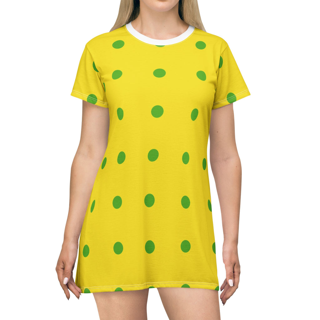 Yellow Polka Dot T-Shirt Dress — Bright Green Dot Summer Dress