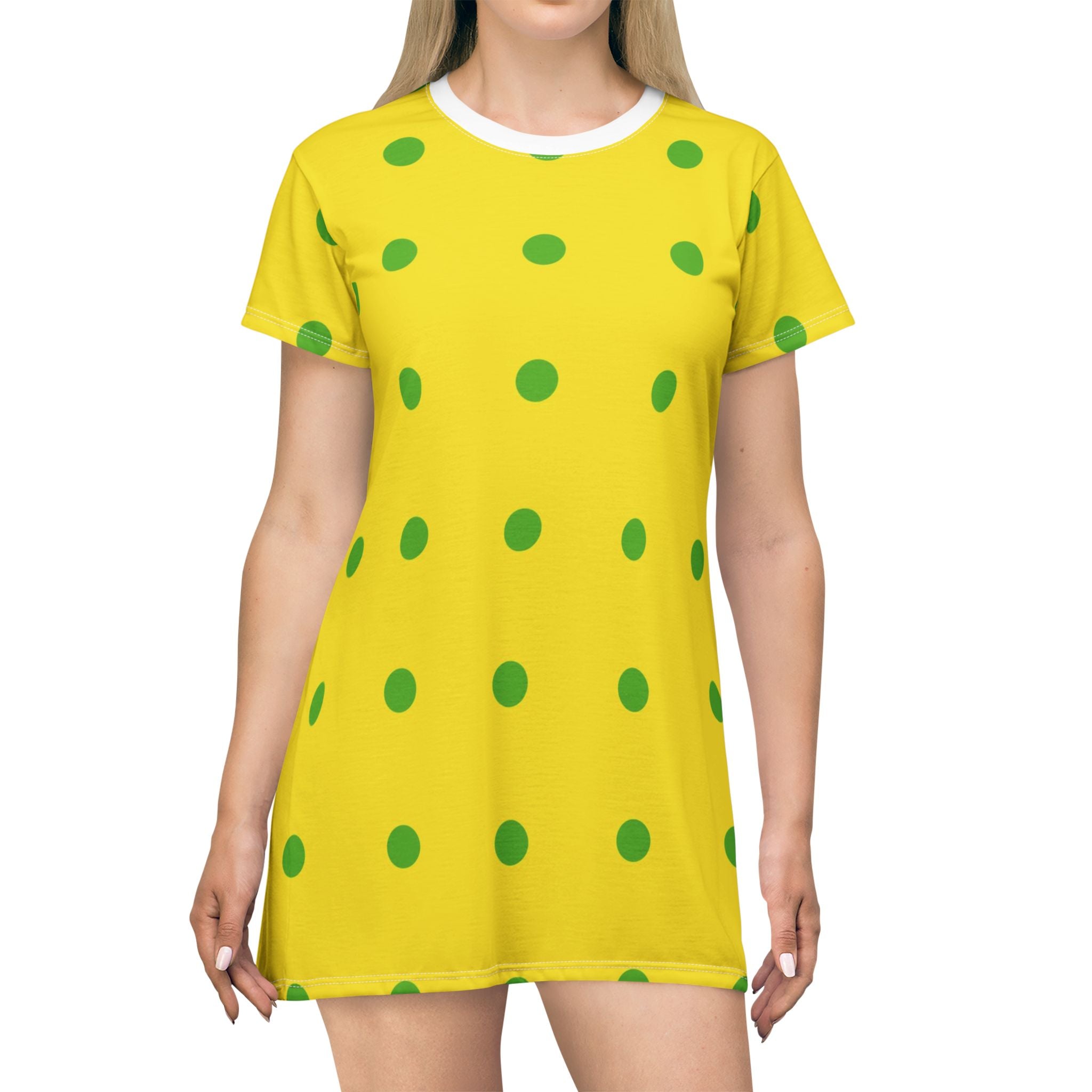 Yellow Polka Dot T-Shirt Dress — Bright Green Dot Summer Dress
