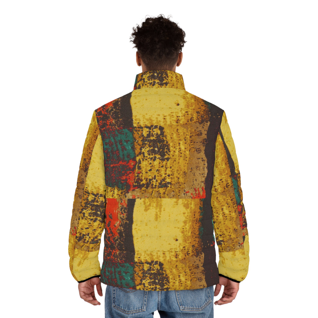 Men's Abstract Patchwork Puffer Jacket — Vintage Rustic Yellow Quilted Coat