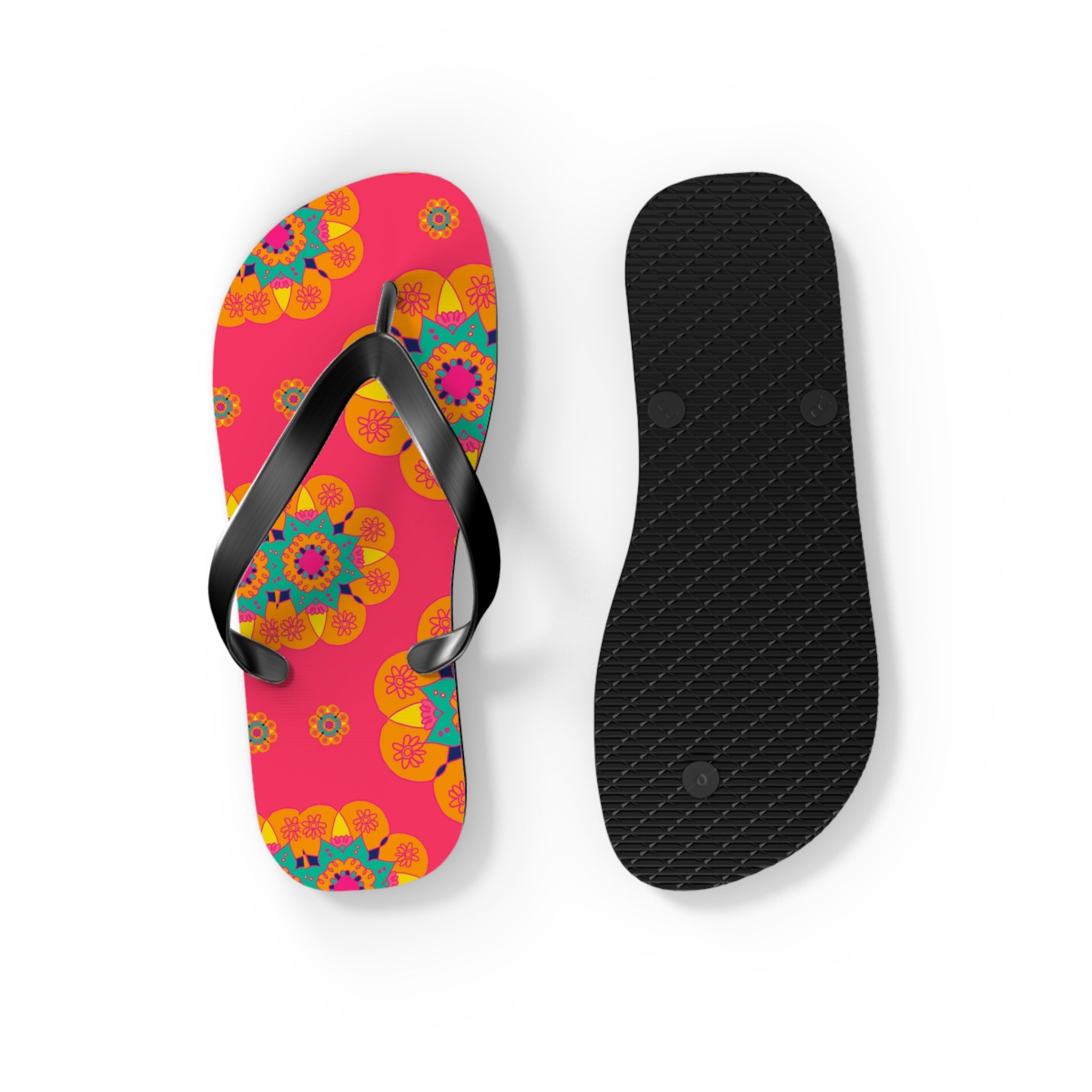Floral Mandala Flip Flops – Bright Pink Tropical Beach Sandals