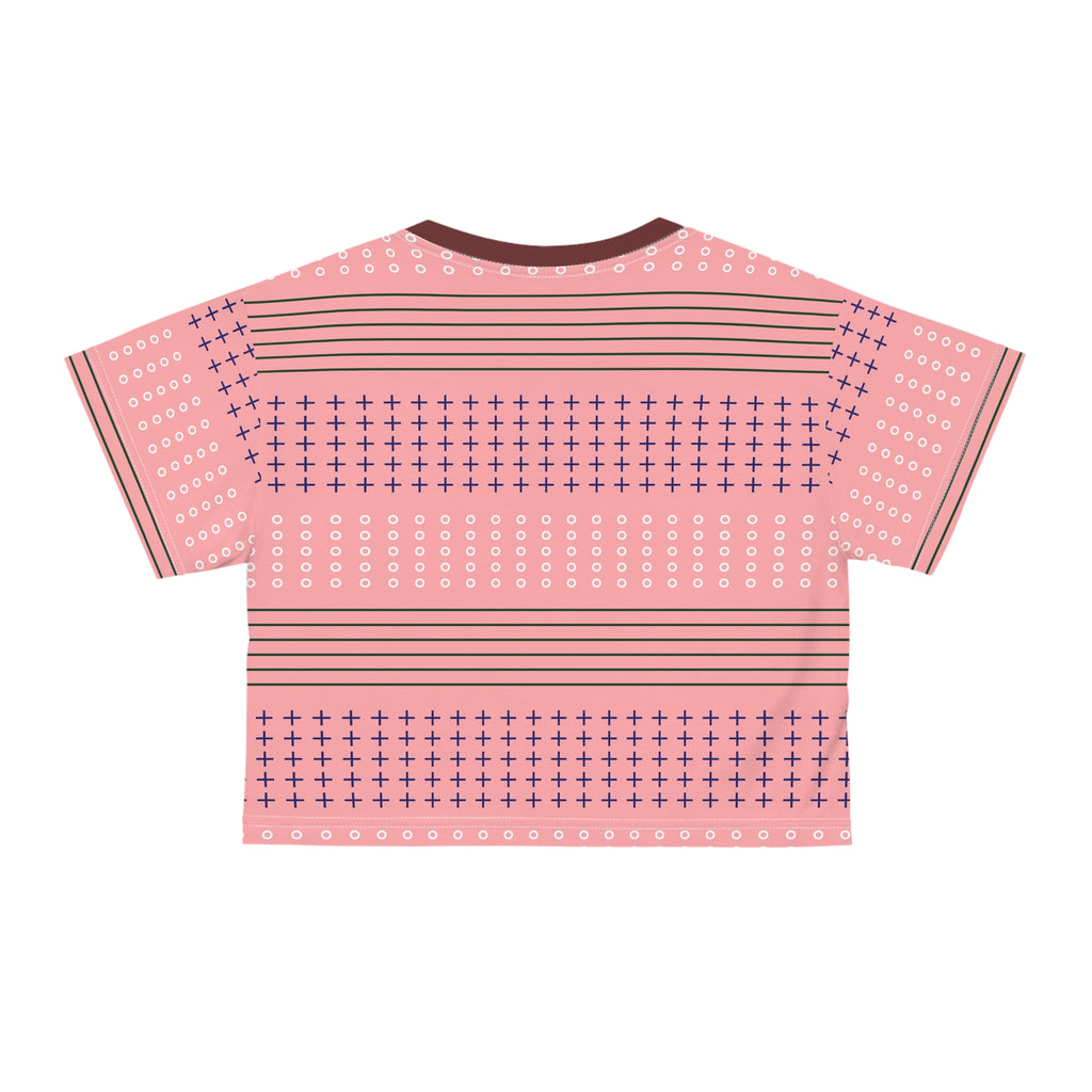 Pink Geometric Crop Tee — Retro Stripe & Cross Pattern Crop Top