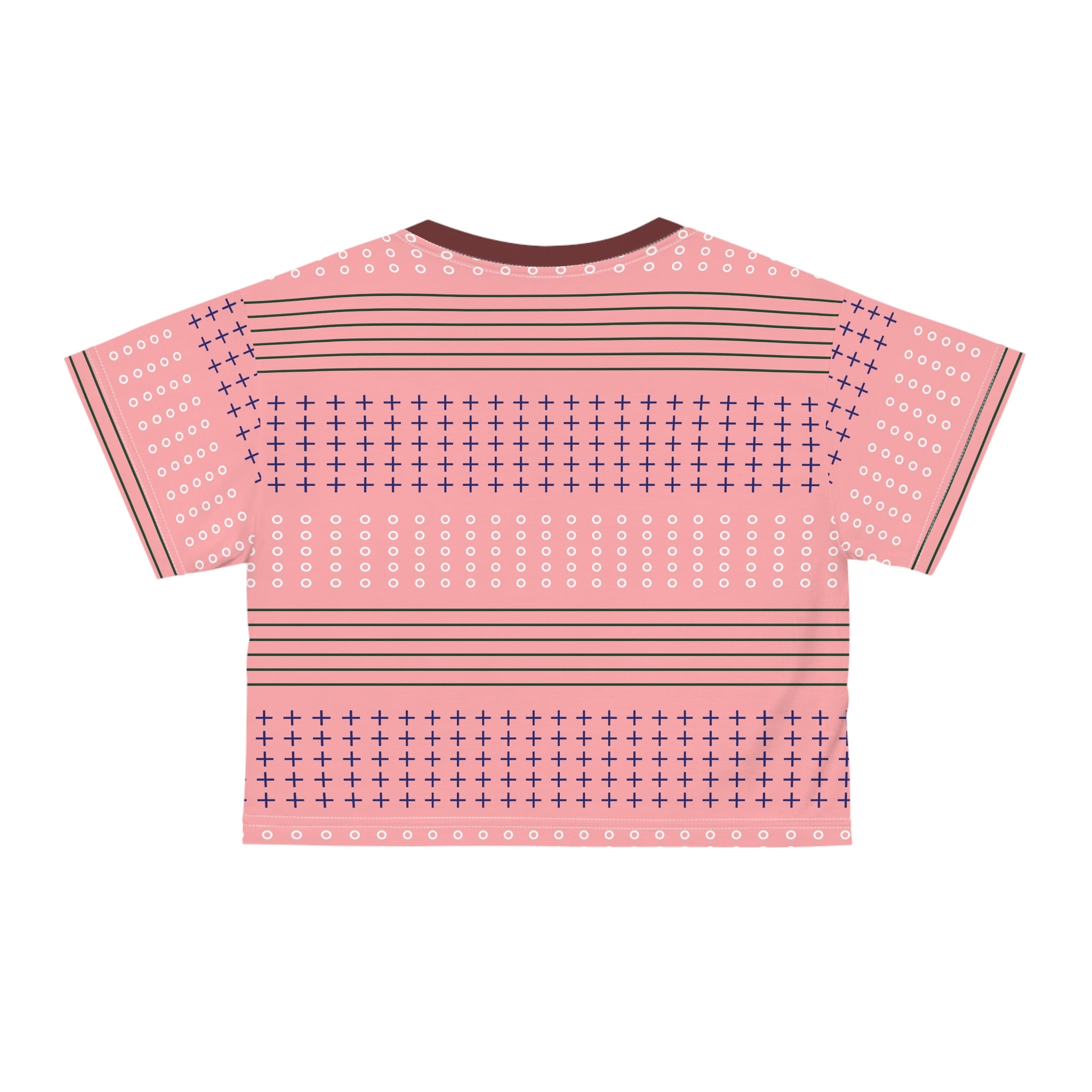 Pink Geometric Crop Tee — Retro Stripe & Cross Pattern Crop Top