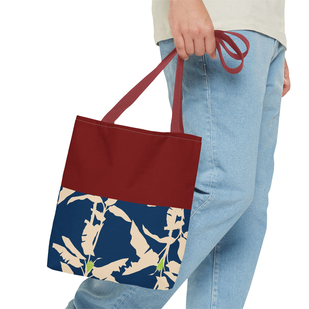 Red Navy Botanical Leaf Pattern Tote Bag