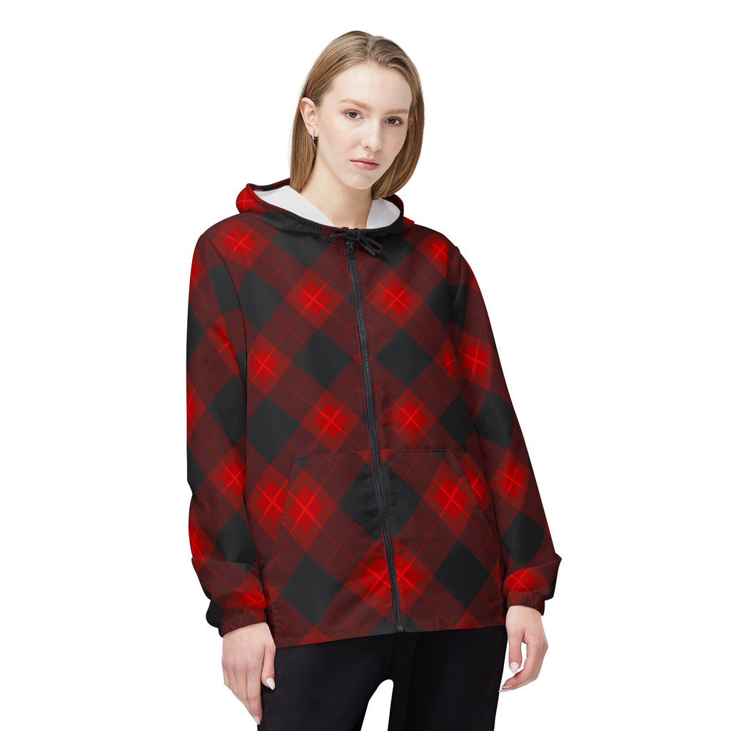Plaid Windbreaker Jacket — Red & Black Buffalo Check Hooded Windbreaker