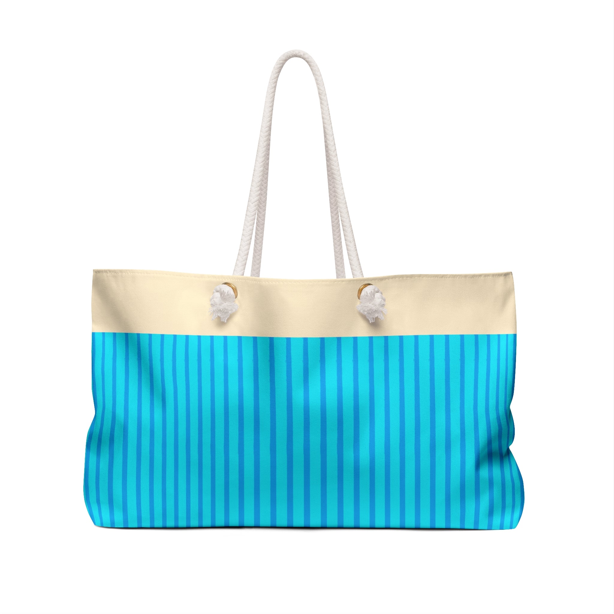 A tote bag with a cream-colored top band and white rope handles, featuring a bright turquoise blue lower section with vertical stripes.