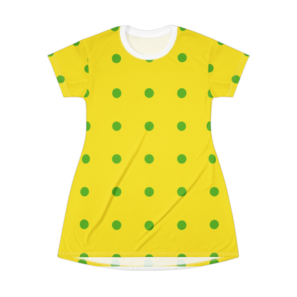 Yellow Polka Dot T-Shirt Dress — Bright Green Dot Summer Dress