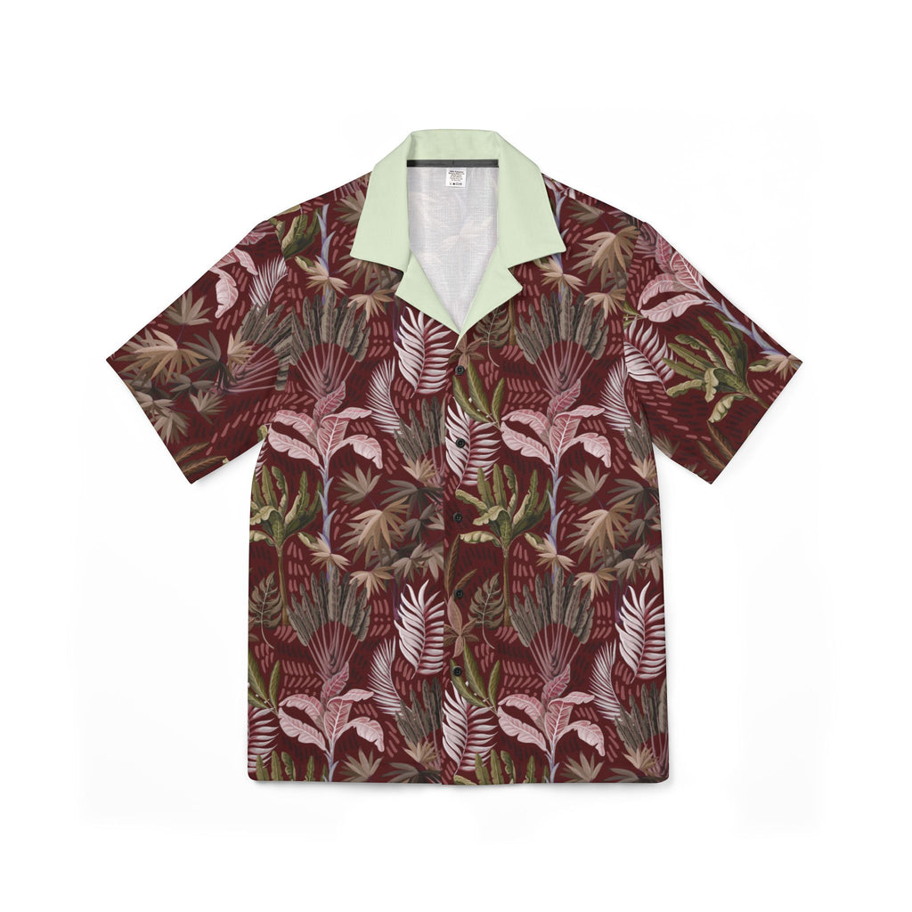 Tropical Leaf Hawaiian Camp Shirt — Men's Burgundy Palm Print AOP