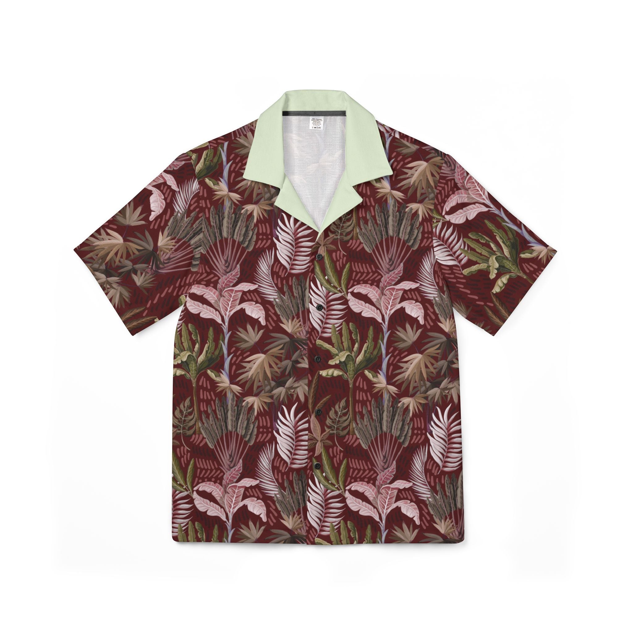 Tropical Leaf Hawaiian Camp Shirt — Men's Burgundy Palm Print AOP