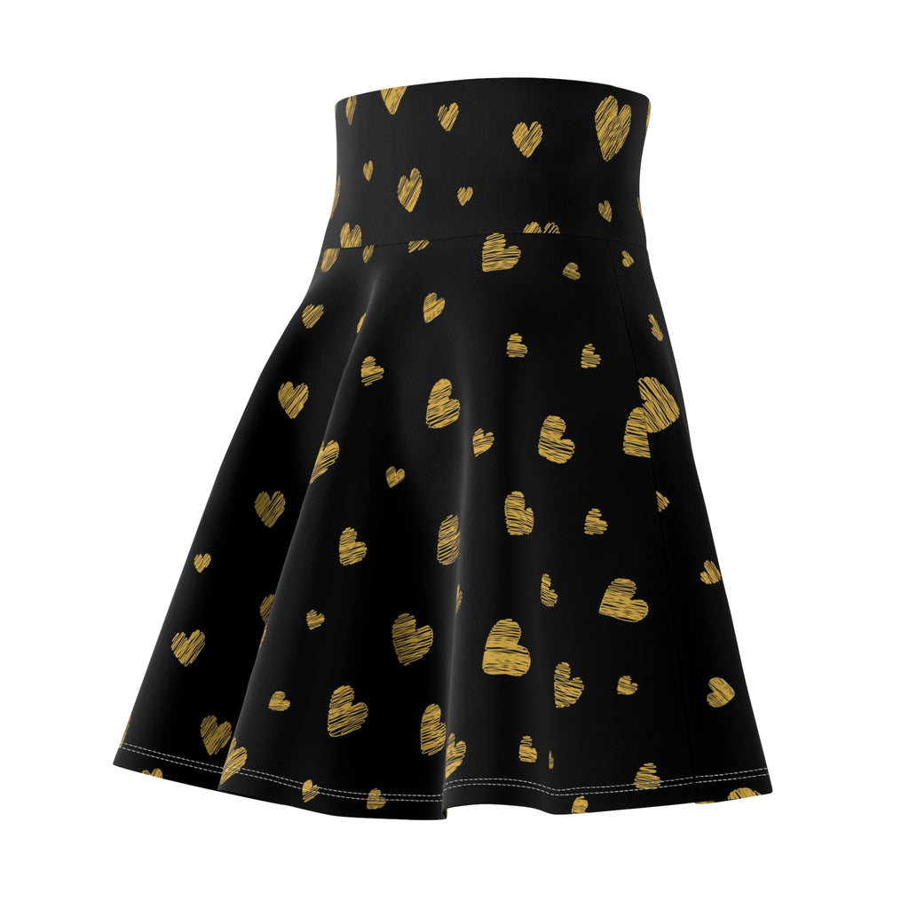 Gold Heart Pattern Skater Skirt | Black Gold Heart Print Skirt