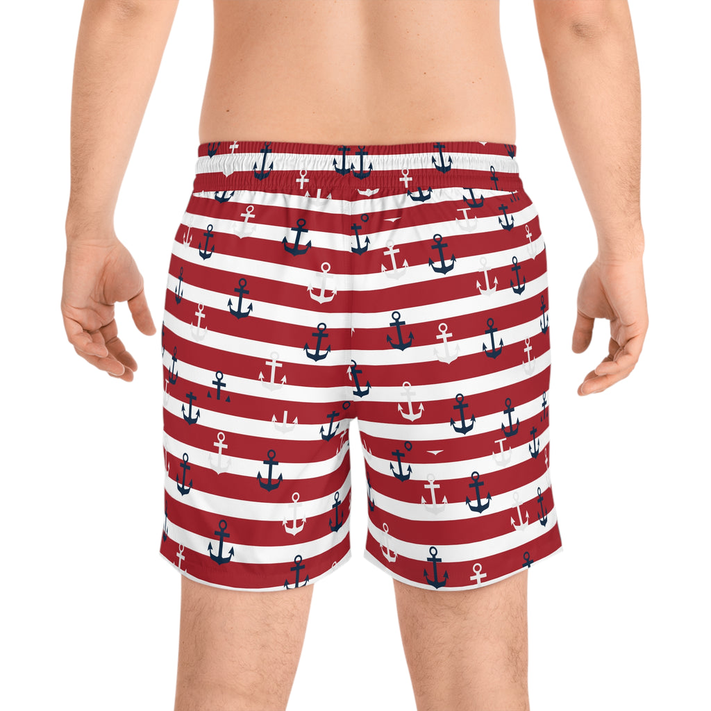 Nautical Red Striped Anchor Swim Shorts — Men’s Mid-Length Beach Trunks