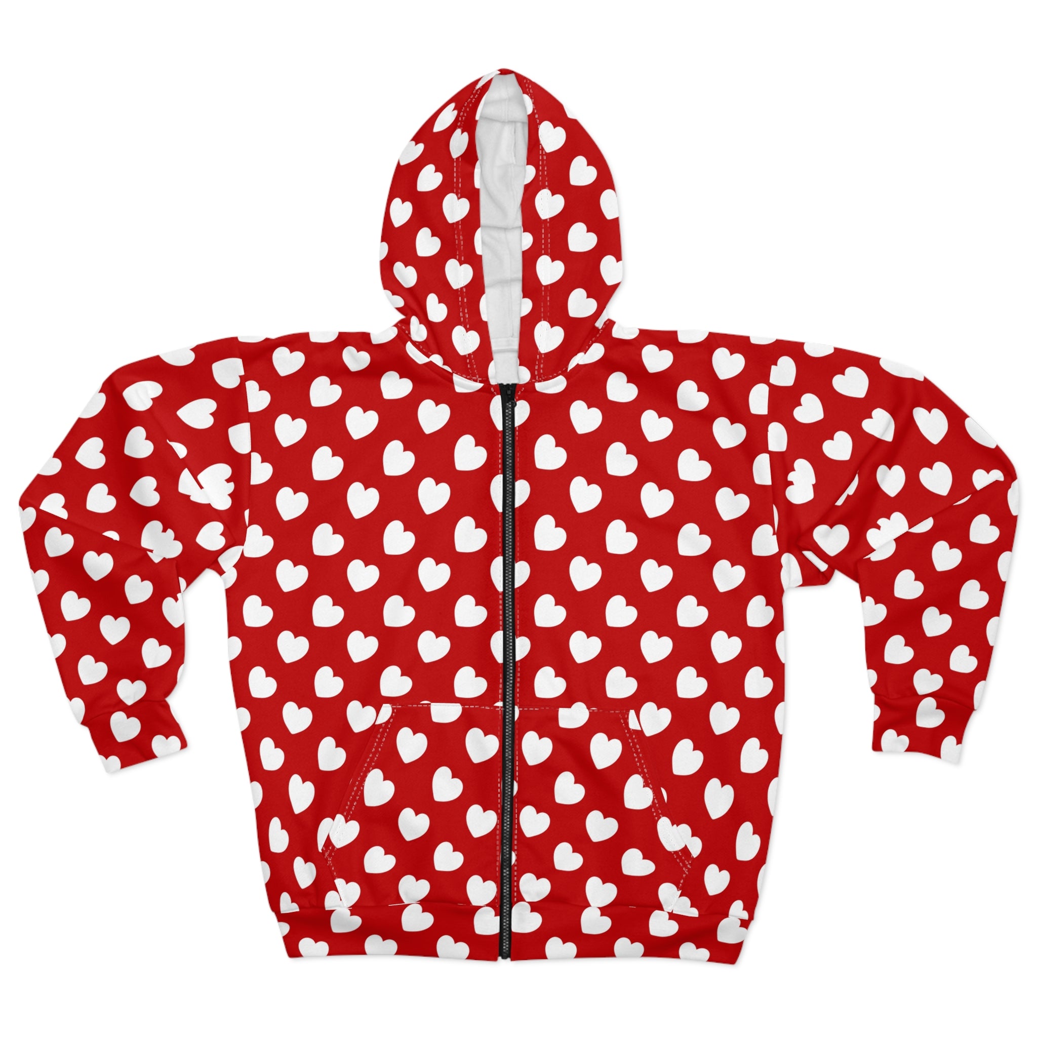 White Heart Pattern Hoodie | Red All-Over Print