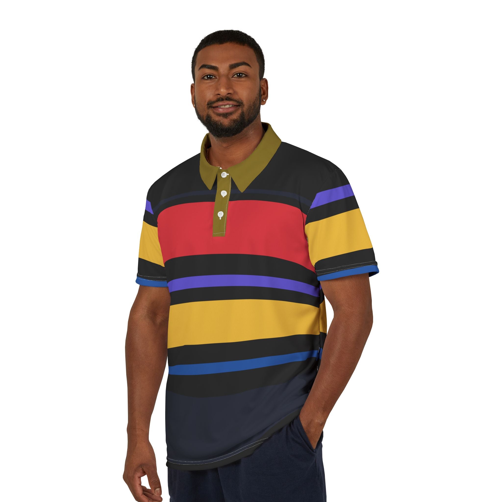 Striped Blue Yellow Red Polo Shirt — Bold Colorblock Casual Tee