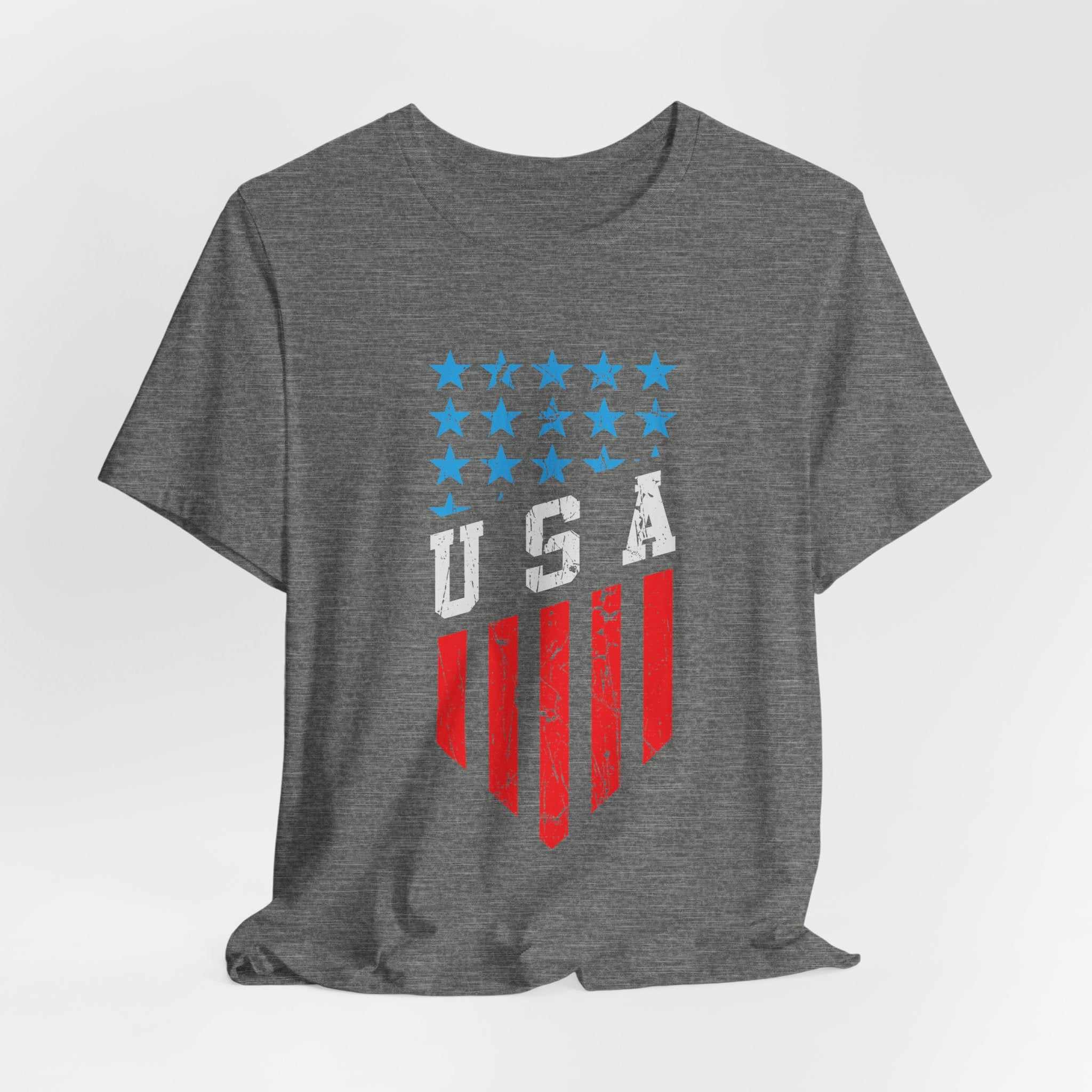 Gray t-shirt with USA flag design on a white background