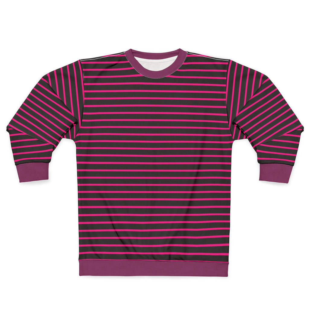 A long-sleeve crewneck sweatshirt with horizontal stripes in dark purple and bright pink, featuring solid purple ribbed cuffs, hem, and collar, shown flat on a white background.