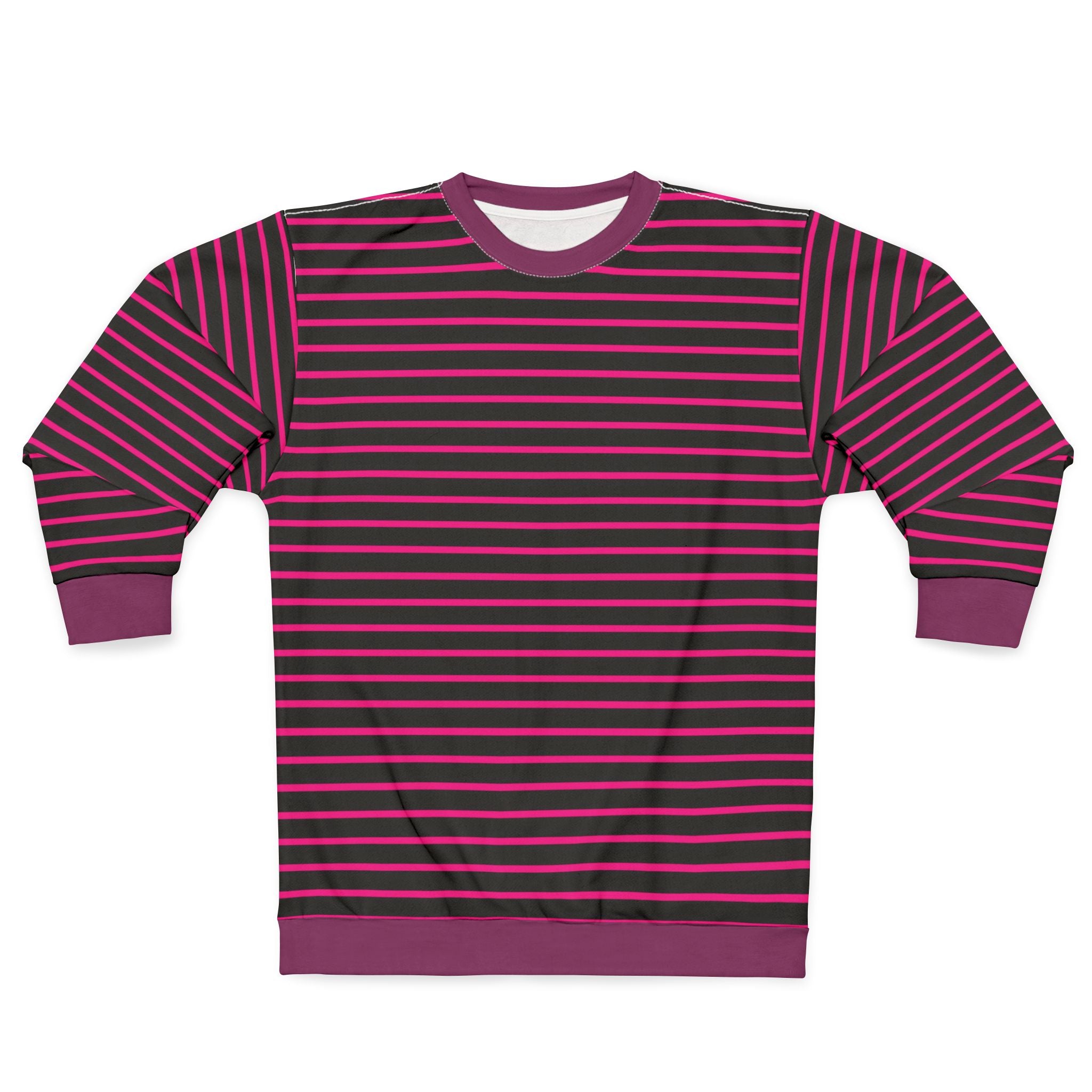 A long-sleeve crewneck sweatshirt with horizontal stripes in dark purple and bright pink, featuring solid purple ribbed cuffs, hem, and collar, shown flat on a white background.