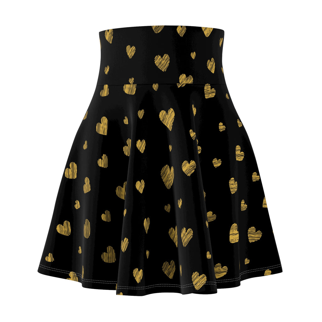 Gold Heart Pattern Skater Skirt | Black Gold Heart Print Skirt