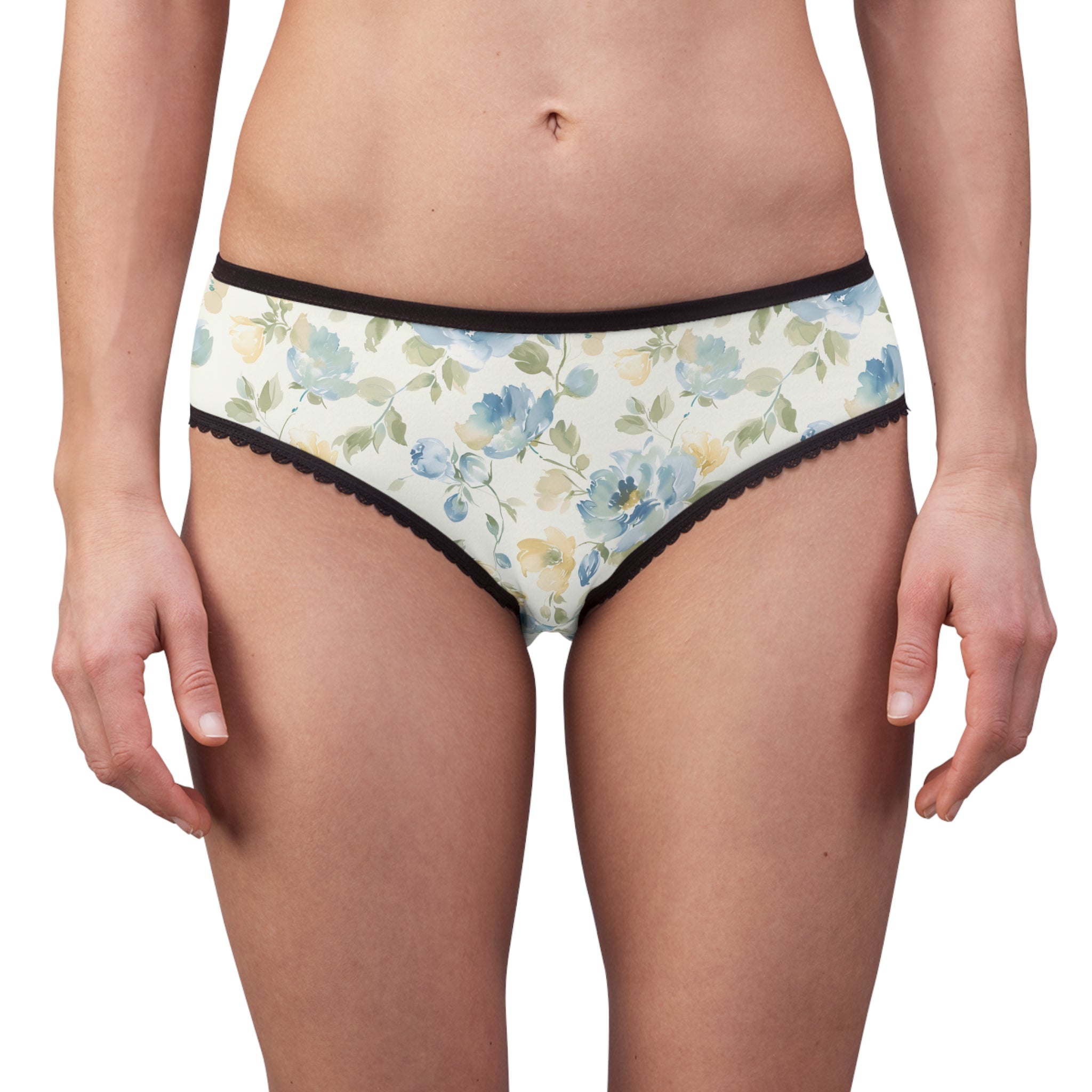 Floral Watercolor High-Rise Briefs — Blue & Yellow Vintage Rose Print