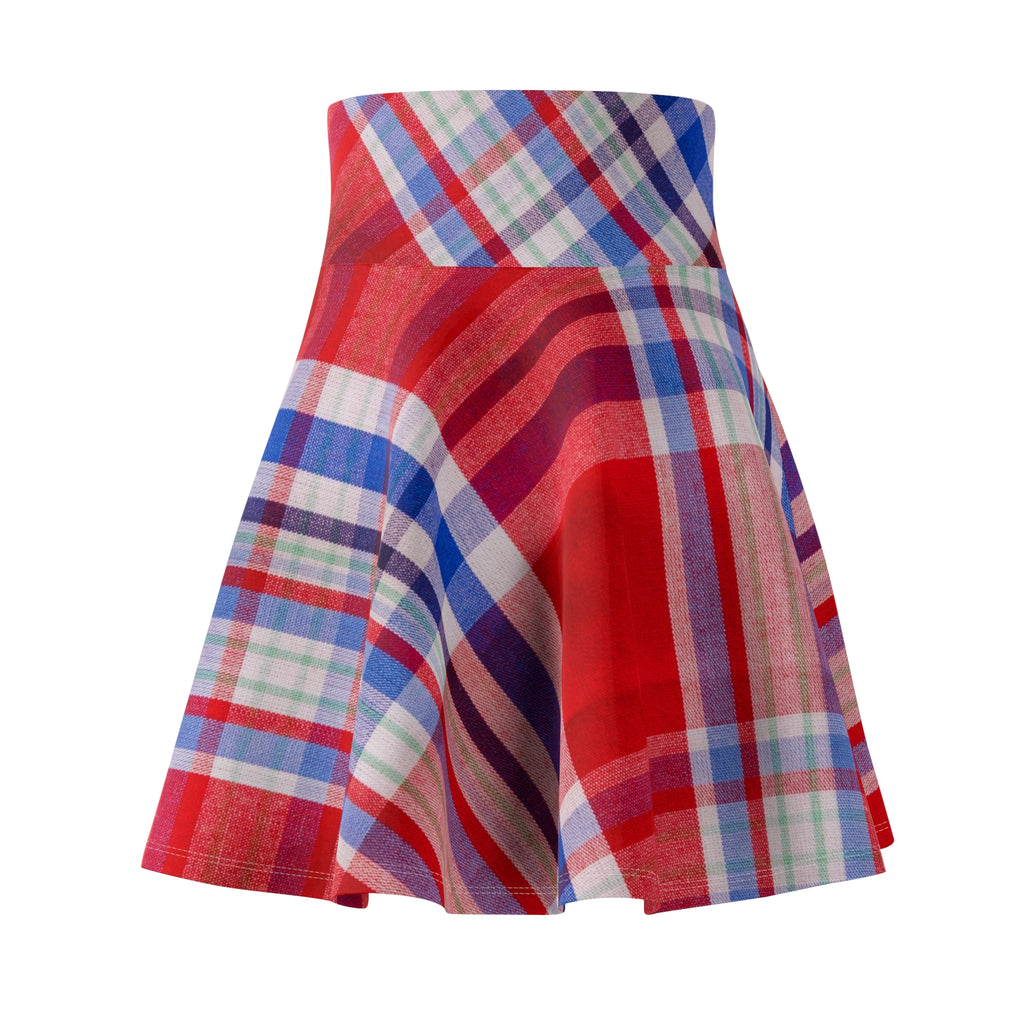 Red & Blue Plaid Skater Skirt — Vintage Tartan A-Line Mini for Casual & Holiday Wear