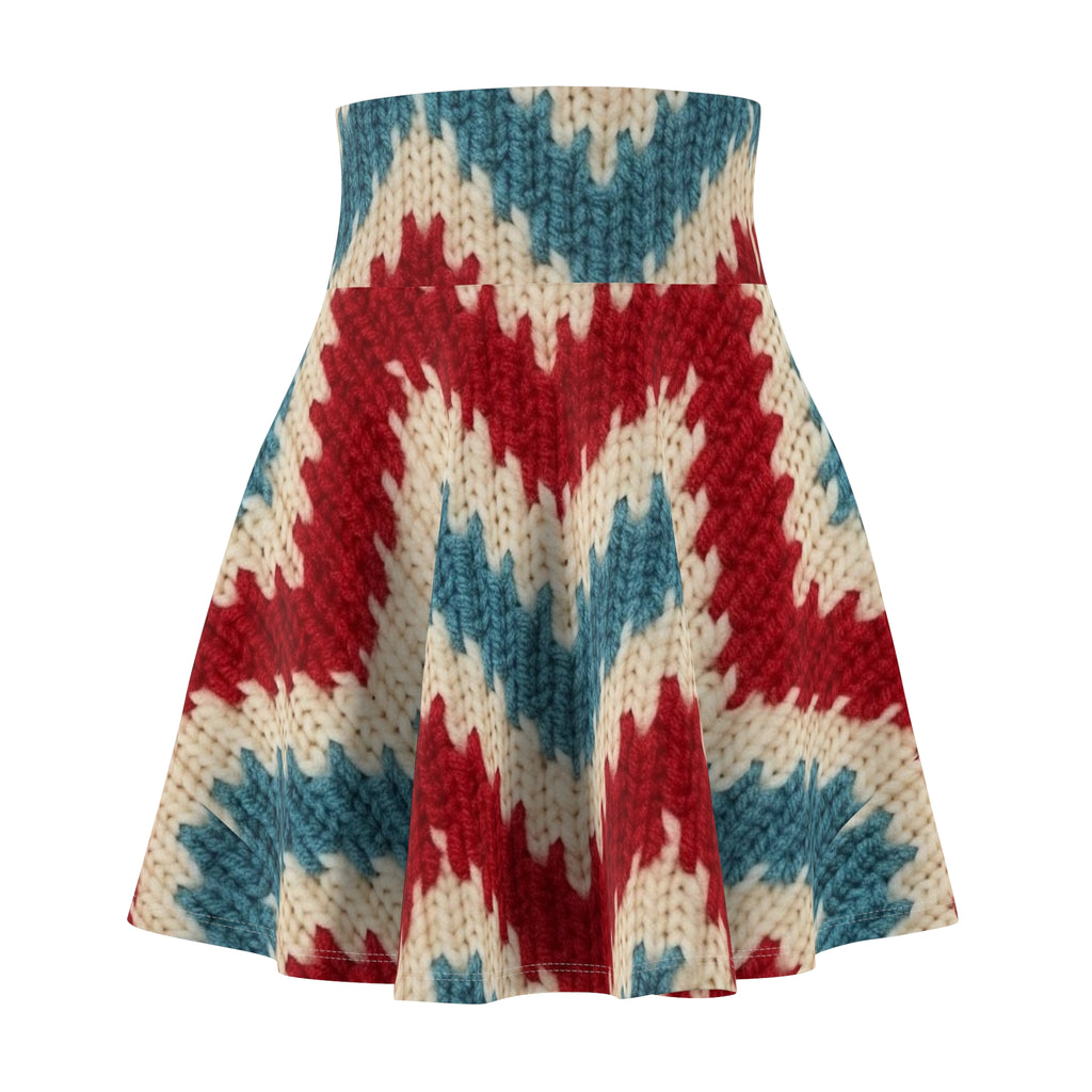 Red Blue Knit Chevron Skater Skirt | All-Over Print
