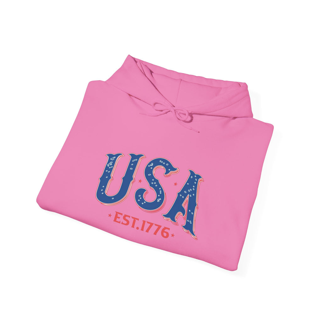 Pink hoodie with 'USA EST. 1776' text on a white background