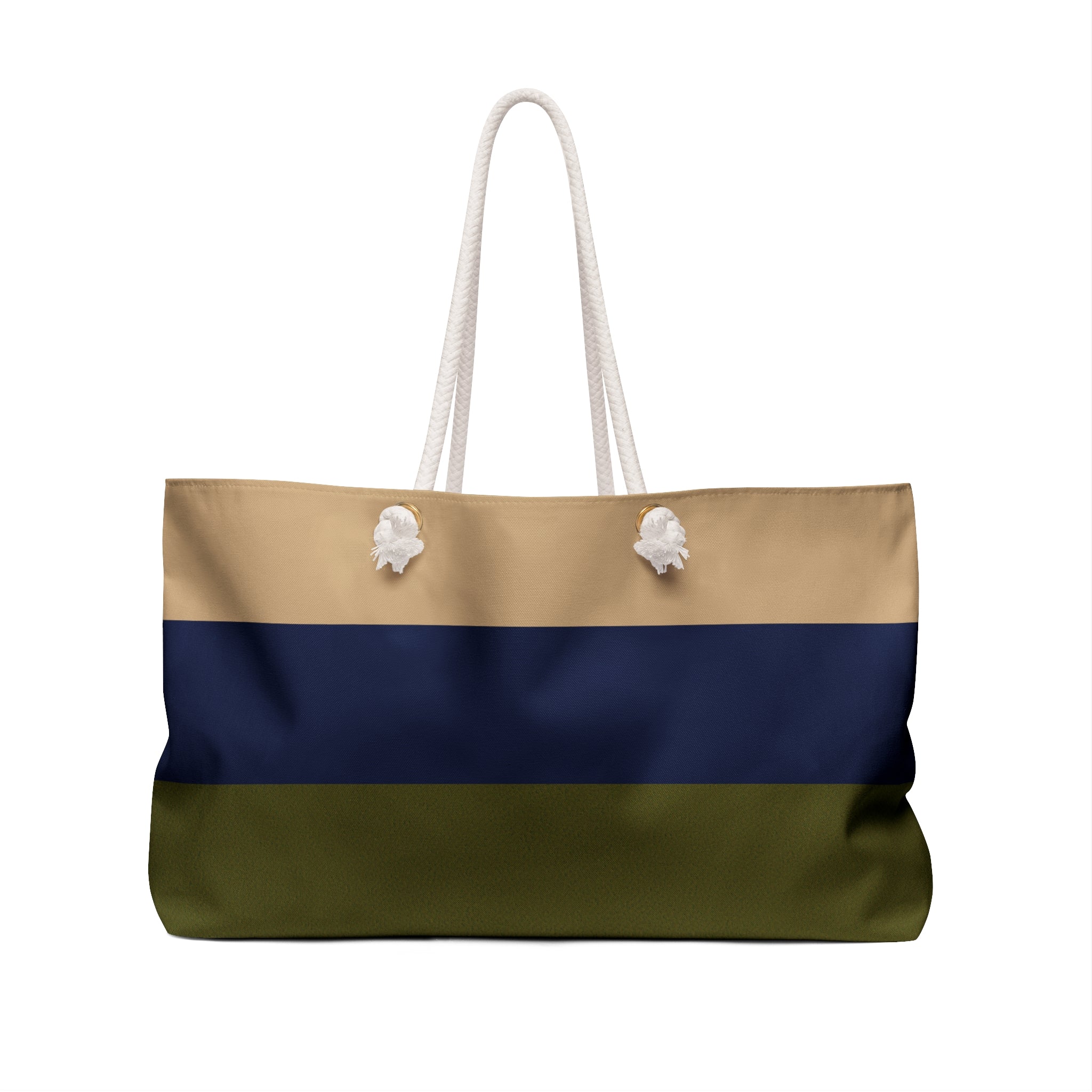 A horizontal-striped tote bag with white rope handles, featuring three color bands: beige on top, navy blue in the middle, and olive green on the bottom, with small white decorative accents near the top.