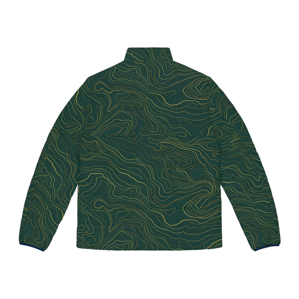 Topographic Line Pattern Puffer Jacket | Green Contour Map Design