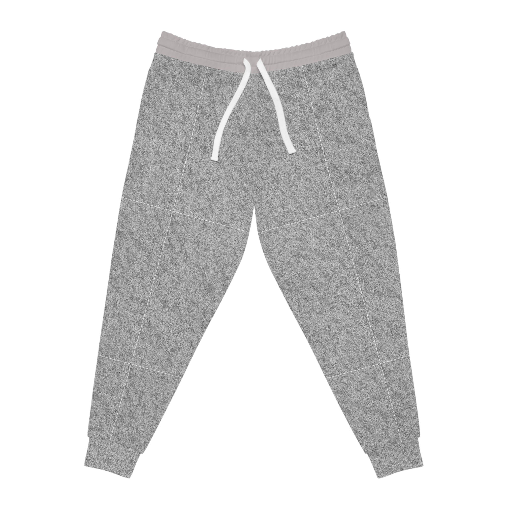 Gray heathered jogger pants with a white drawstring and a light gray elastic waistband, shown flat on a white background.