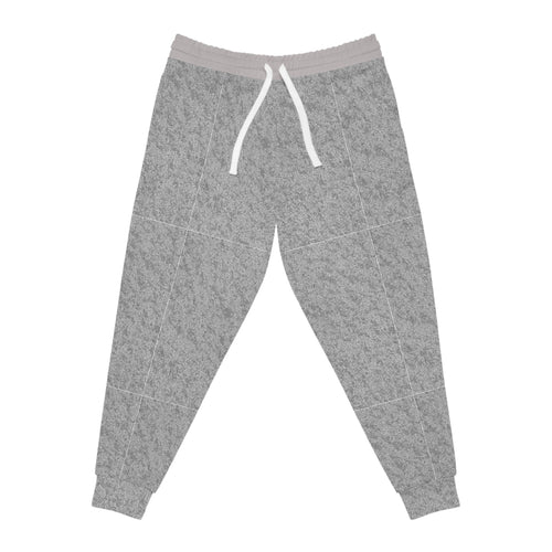 Gray heathered jogger pants with a white drawstring and a light gray elastic waistband, shown flat on a white background.