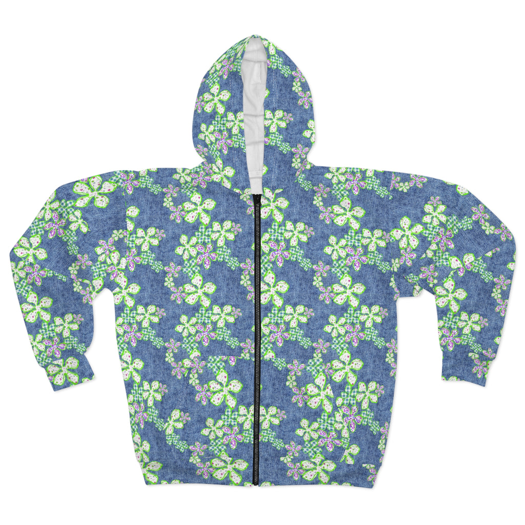 Floral Denim Zip Hoodie — Green Clover Pattern All-Over Print
