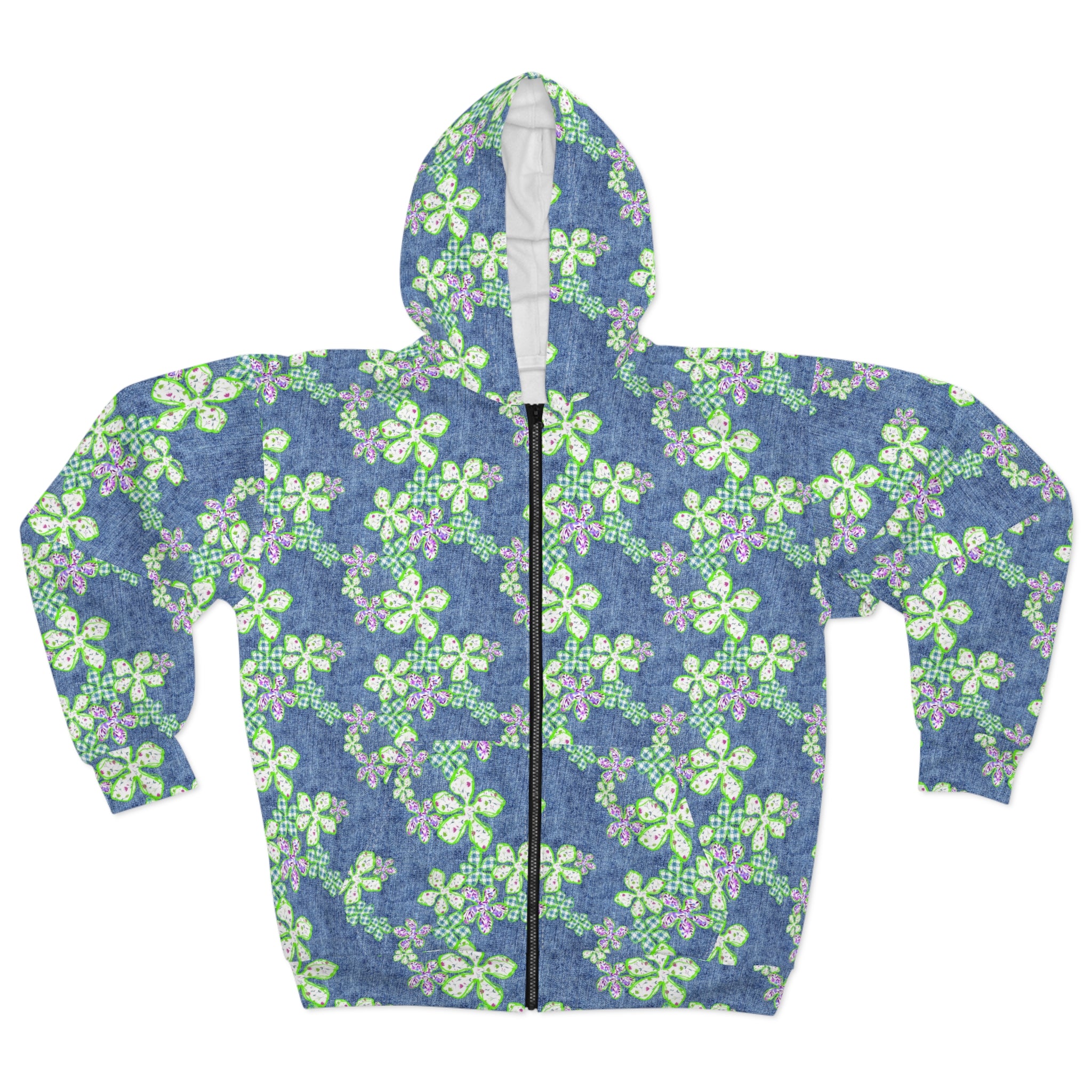 Floral Denim Zip Hoodie — Green Clover Pattern All-Over Print