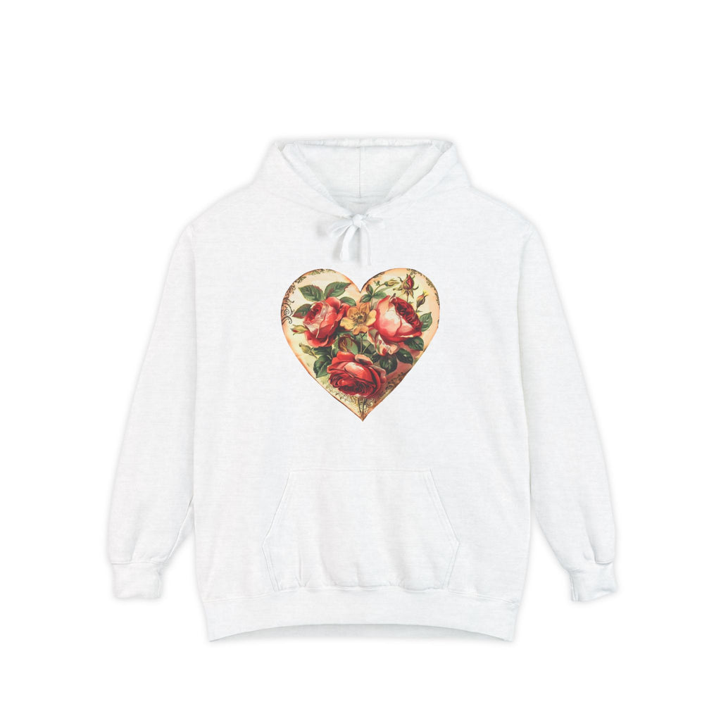 White hoodie with a heart-shaped floral design on a white background