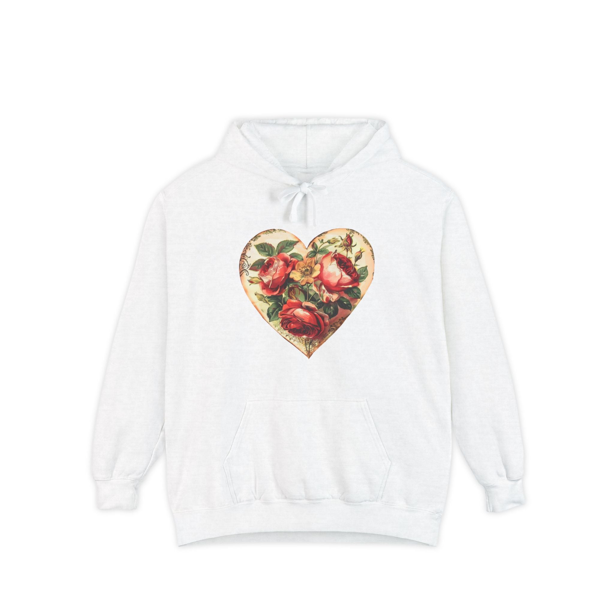 White hoodie with a heart-shaped floral design on a white background